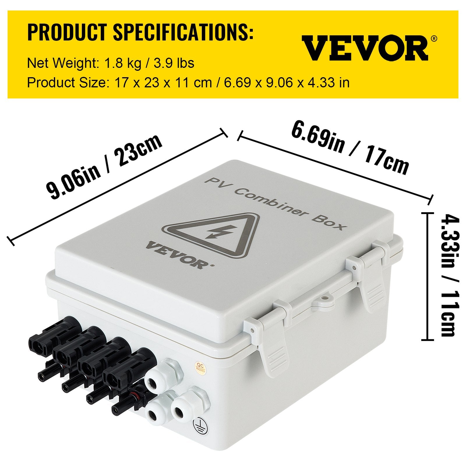 VEVOR PV Combiner Box, 4 String with 15A Rated Current Fuse, 63A Circuit Breaker, Lightning Arreste Connector for On/Off Grid Solar Panel System, IP65