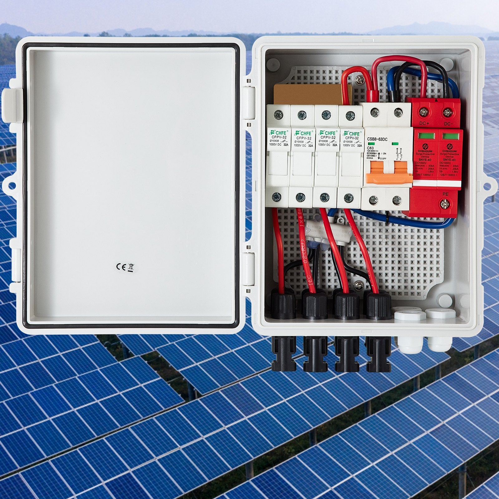 VEVOR PV Combiner Box, 4 String with 15A Rated Current Fuse, 63A Circuit Breaker, Lightning Arreste Connector for On/Off Grid Solar Panel System, IP65