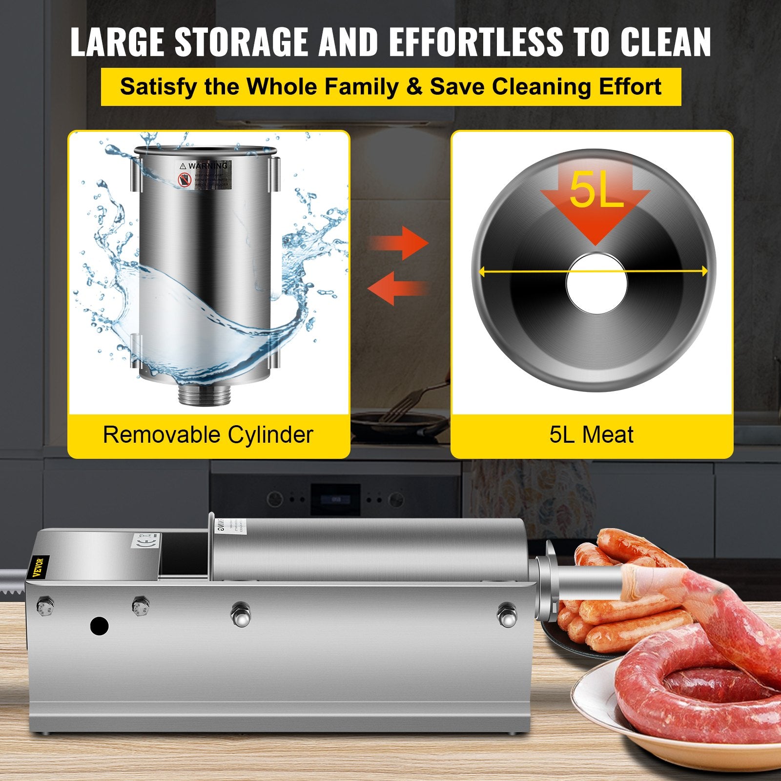 VEVOR Manual Sausage Stuffer, 5 L / 11 LBS Horizontal Sausage Machine, Dual-Speed Meat Stuffer, Made of Food-Grade 304 Stainless Steel, Includes 5 Stuffing Tubes, for Home Kitchen Restaurant Commercia