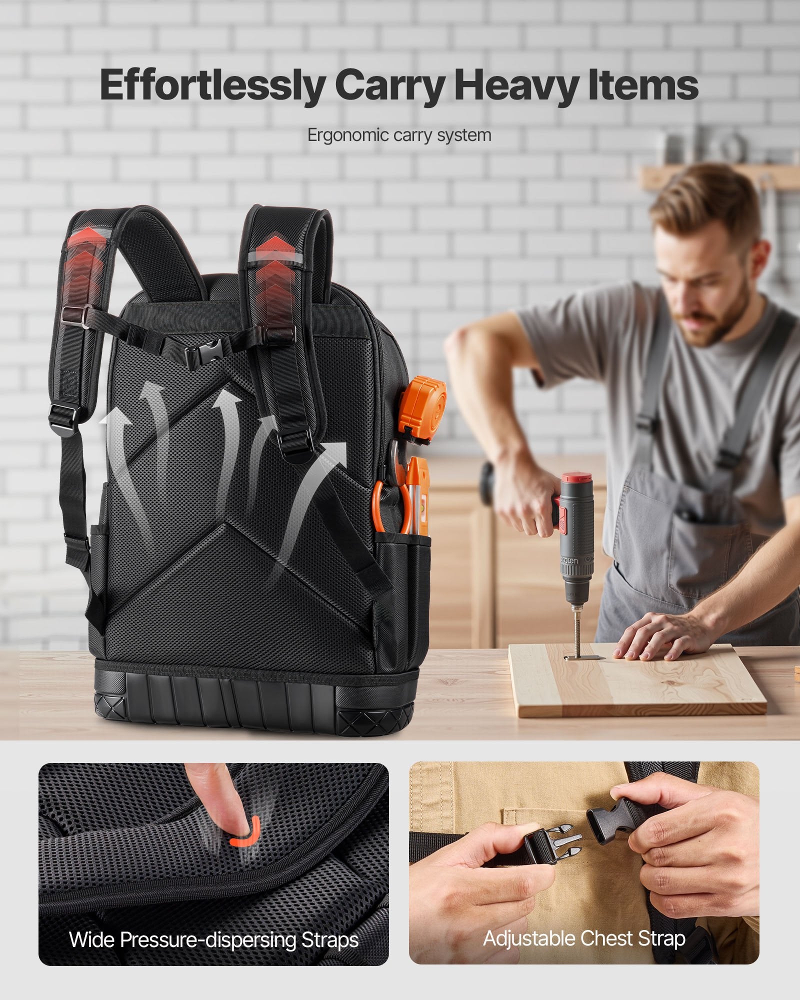 VEVOR Tool Backpack, 65 Pockets, Heavy-duty Tools Storage Organizer Work Bags with Laptop Compartment & Molded Base, Electrician Jobsite Backpack for Electrician, Repairman, and HVAC Techs