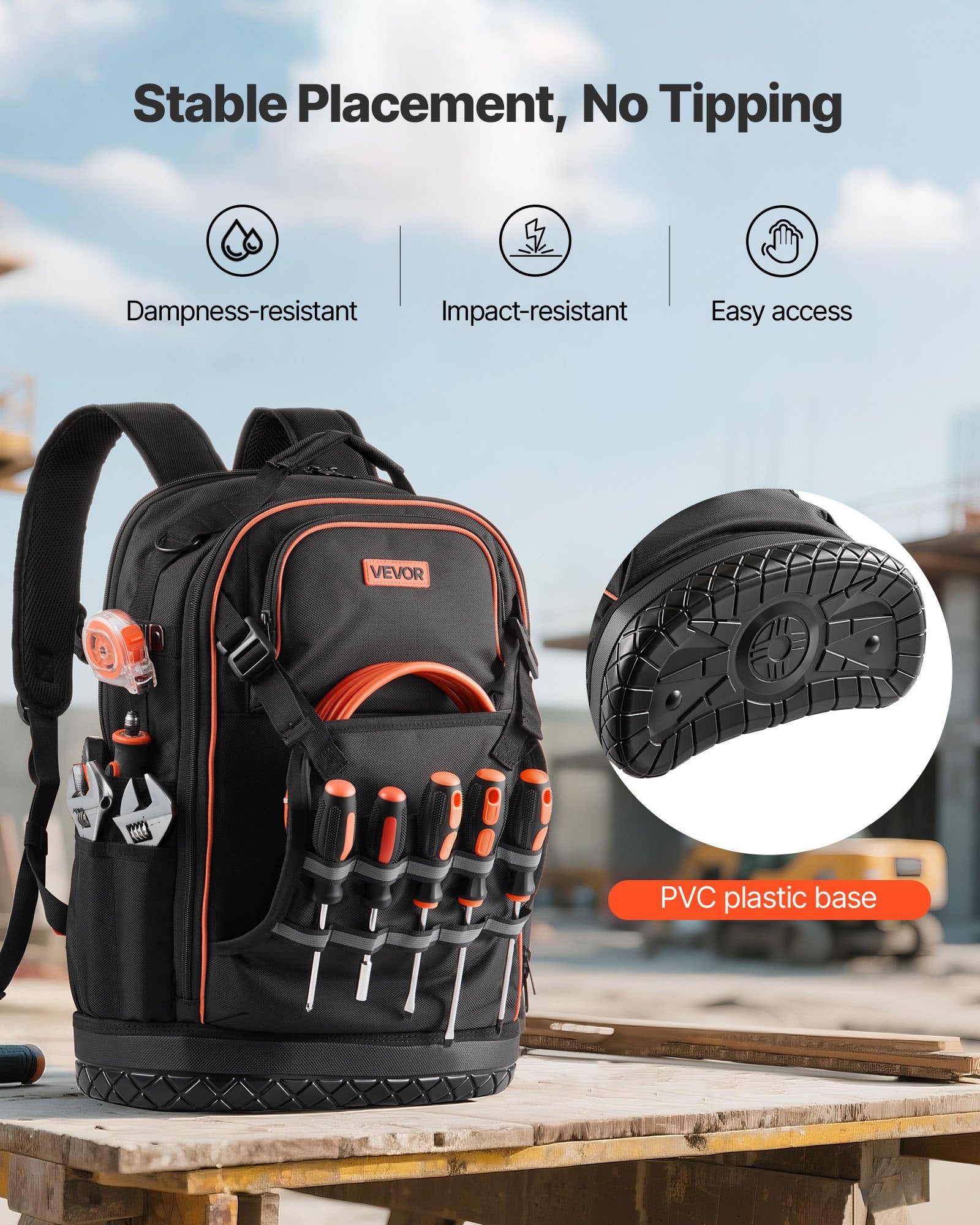 VEVOR Tool Backpack, 65 Pockets, Heavy-duty Tools Storage Organizer Work Bags with Laptop Compartment & Molded Base, Electrician Jobsite Backpack for Electrician, Repairman, and HVAC Techs