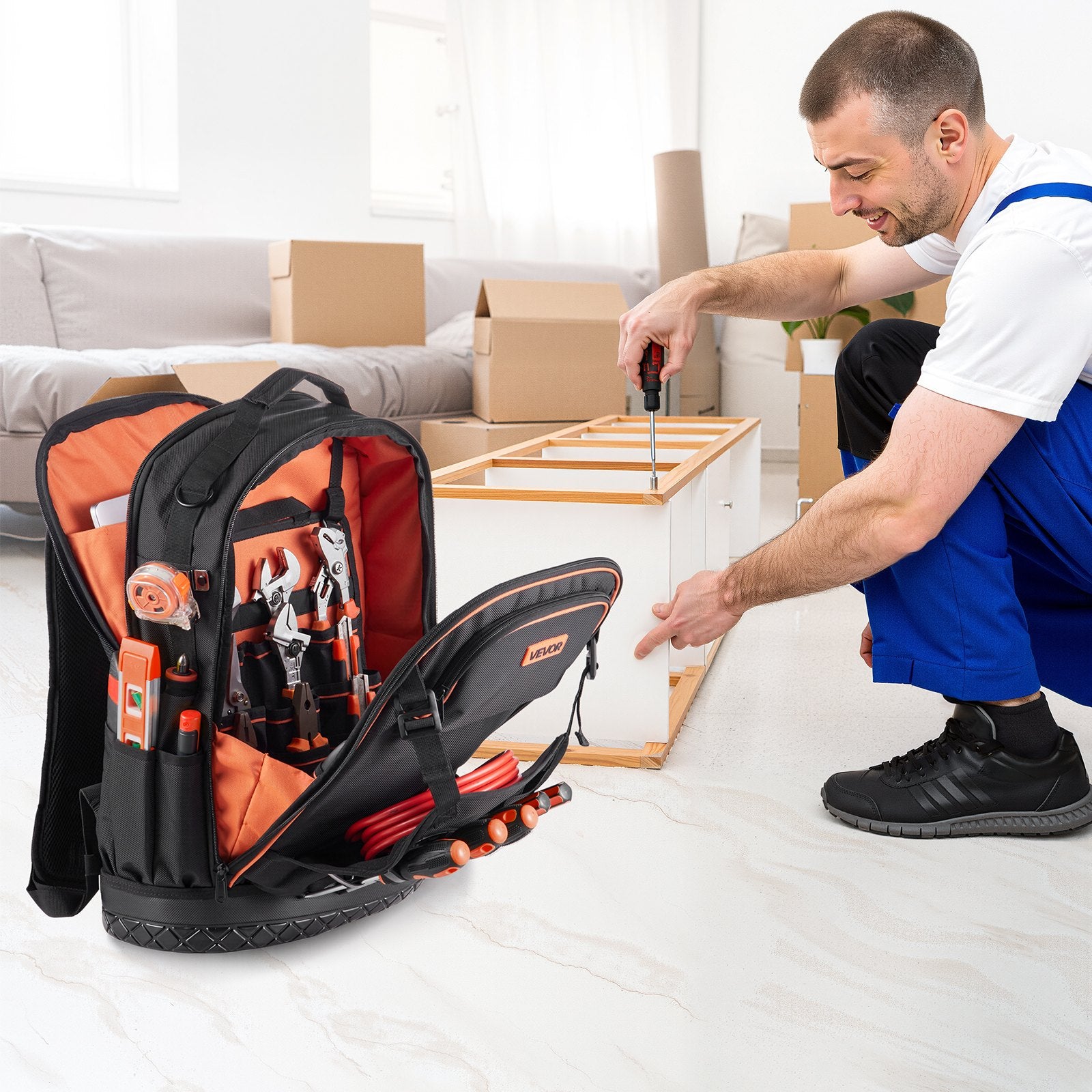 VEVOR Tool Backpack, 65 Pockets, Heavy-duty Tools Storage Organizer Work Bags with Laptop Compartment & Molded Base, Electrician Jobsite Backpack for Electrician, Repairman, and HVAC Techs