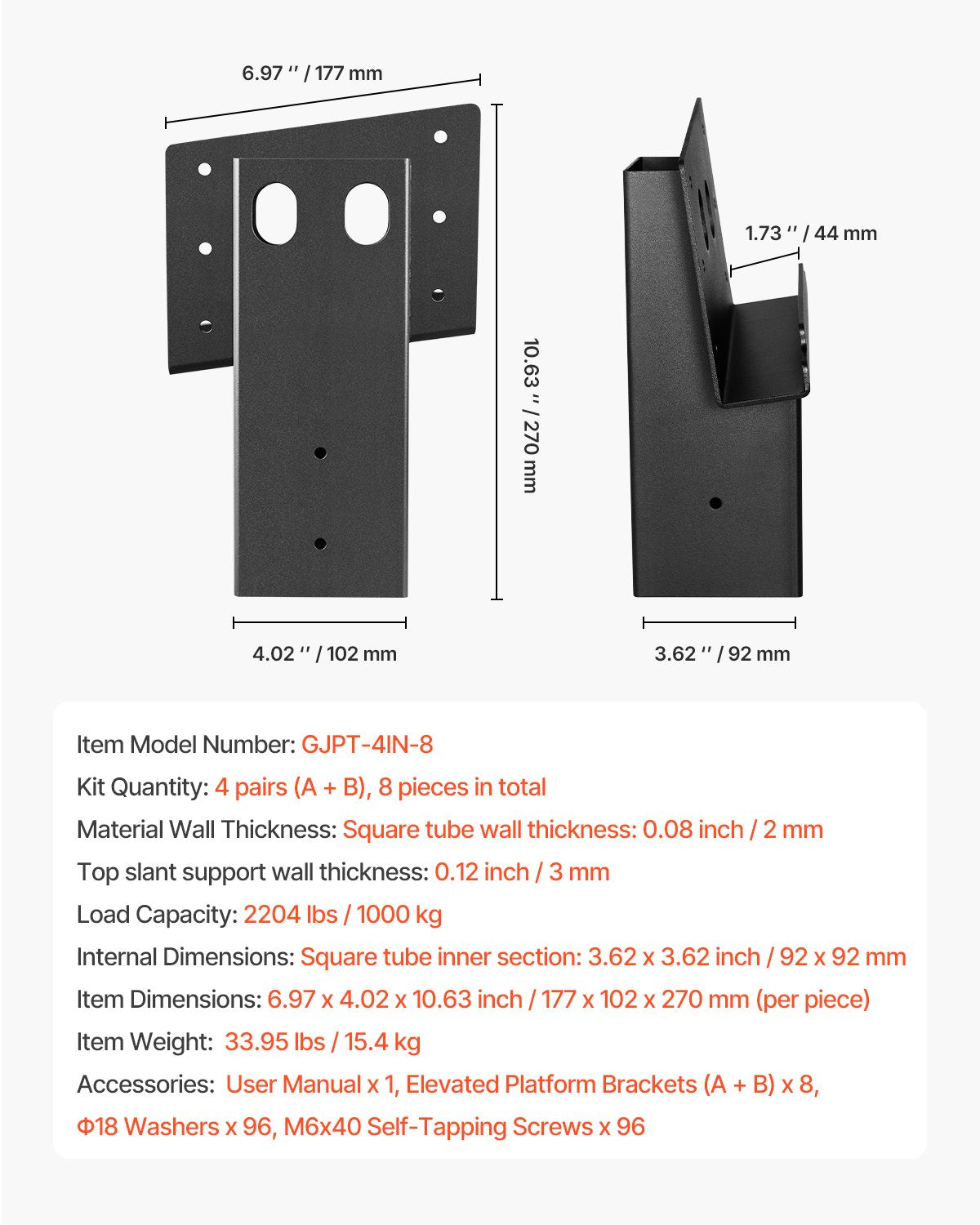 VEVOR Deer Blind Brackets, Outdoor 3.6x3.6 Platform Bracket, Fit 3.5x3.5 In / 88.9x88.9 mm Lumber, 2204lbs/1000kg Capacity Steel Elevator Brackets for Deer Stand, Hunting Blinds, Shooting Shack, 8 Pcs