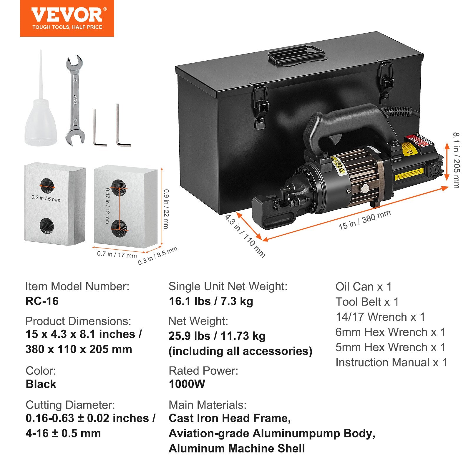 VEVOR Electric Hydraulic Rebar Cutter, 1000W Portable Rebar Cutter, Cutting up to 5/8 Inch 4-16mm #5 Rebar within 2 Seconds, High Power Steel Rebar Cutter with Oil Can Rich Accessories,Black RC-16