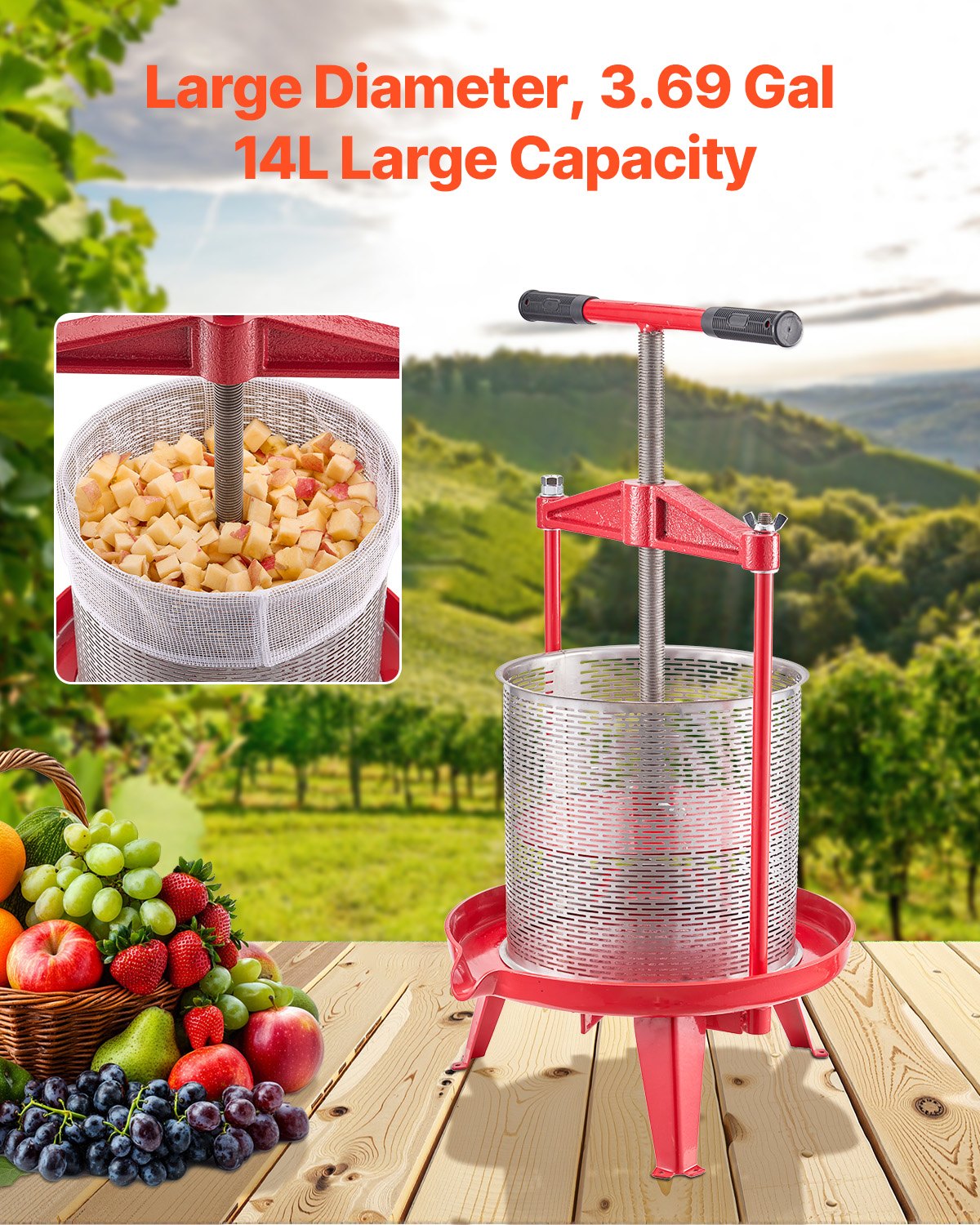 VEVOR 3.69 Gal/14L Fruit Wine Press, Stainless Steel Basket with Cross-beam and Triangular Structure, Manual Juice Maker, Cider Apple Grape Tincture Making Press with T-Handle for Kitchen Home
