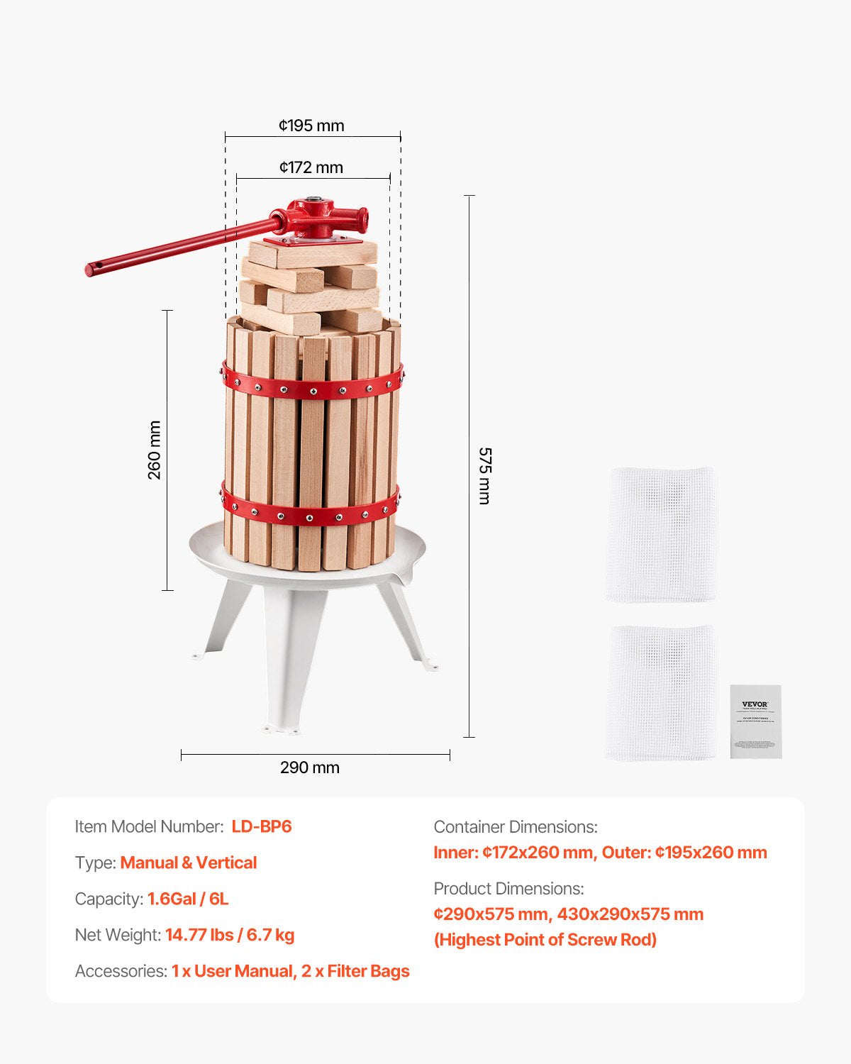 VEVOR 1.6 Gal/6L Fruit Wine Press, Solid Wood Basket with 8 Blocks, Heavy Duty Manual Juice Maker, Cider Apple Grape Tincture Honey Olive Oil Making Press with Handle for Kitchen, Home