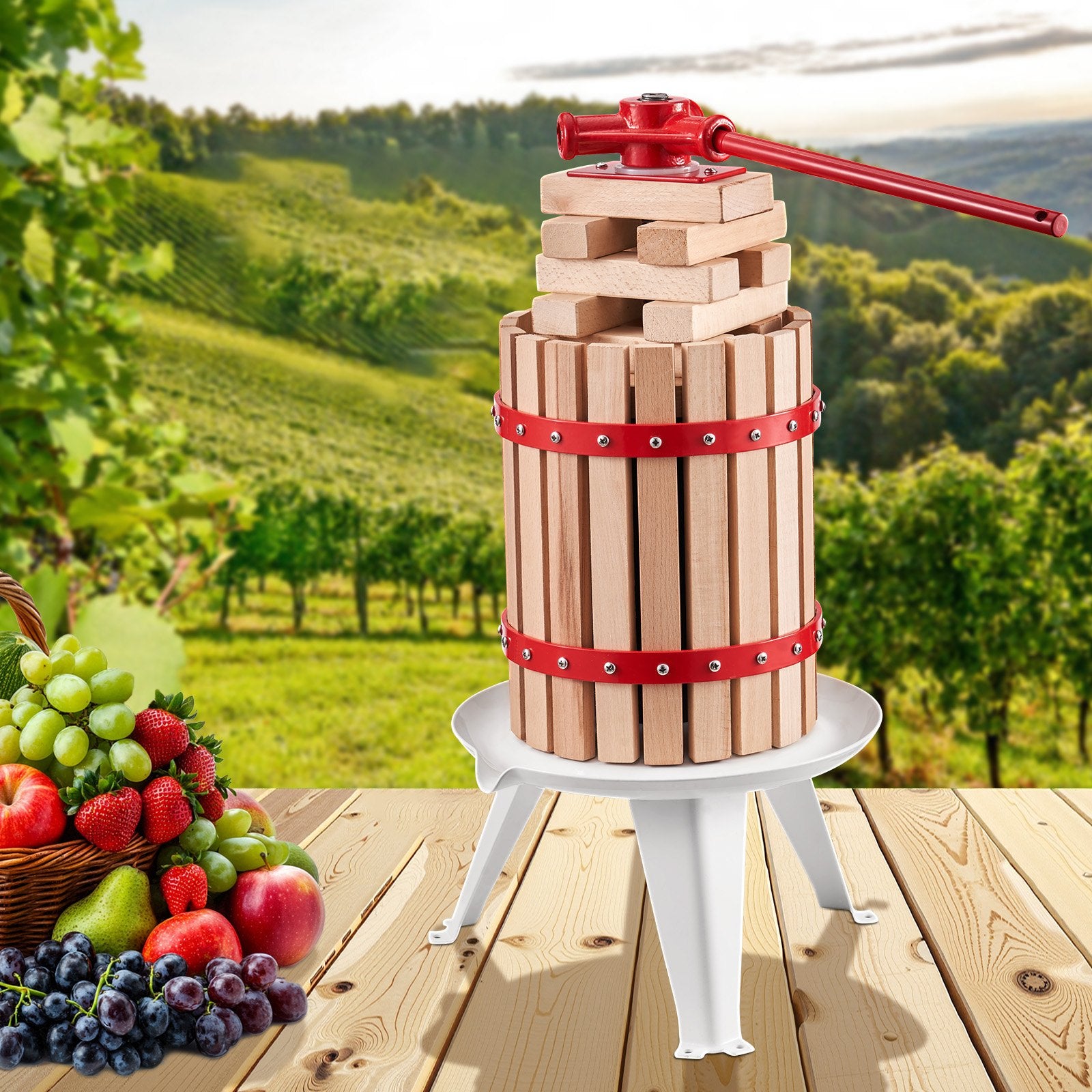 VEVOR 1.6 Gal/6L Fruit Wine Press, Solid Wood Basket with 8 Blocks, Heavy Duty Manual Juice Maker, Cider Apple Grape Tincture Honey Olive Oil Making Press with Handle for Kitchen, Home