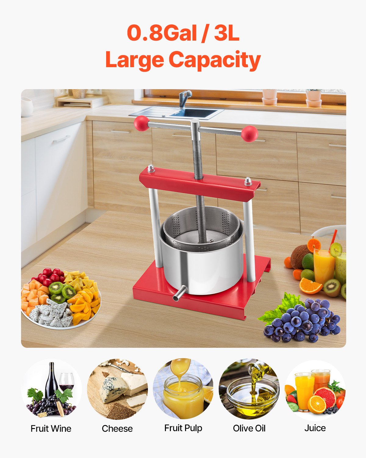 VEVOR 0.8 Gal/3L Fruit Wine Press, 2 Stainless Steel Barrels, Manual Juice Maker, Cider Apple Grape Tincture Honey Olive Oil Making Press with T-Handle for Outdoor Kitchen Home