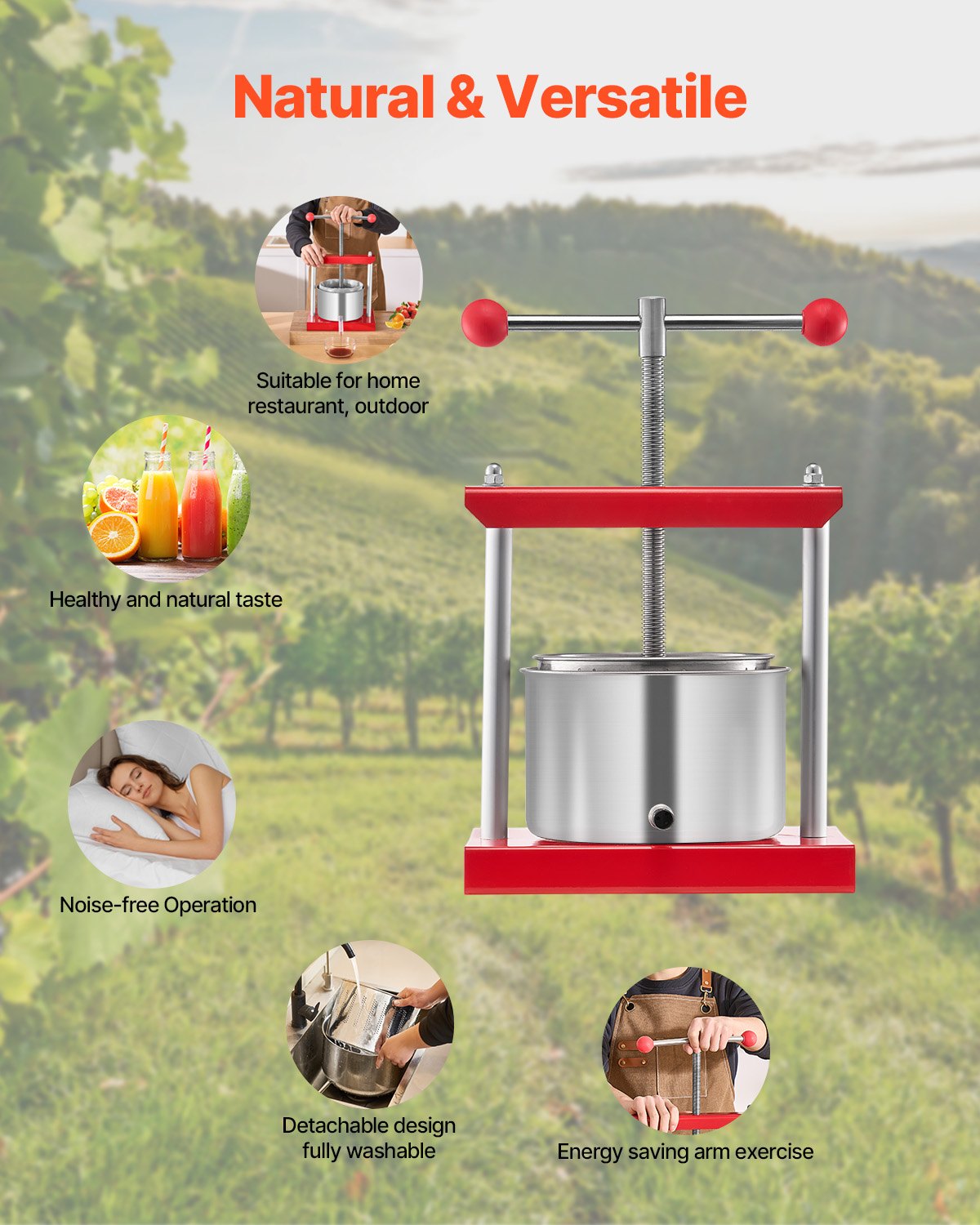 VEVOR 0.8 Gal/3L Fruit Wine Press, 2 Stainless Steel Barrels, Manual Juice Maker, Cider Apple Grape Tincture Honey Olive Oil Making Press with T-Handle for Outdoor Kitchen Home