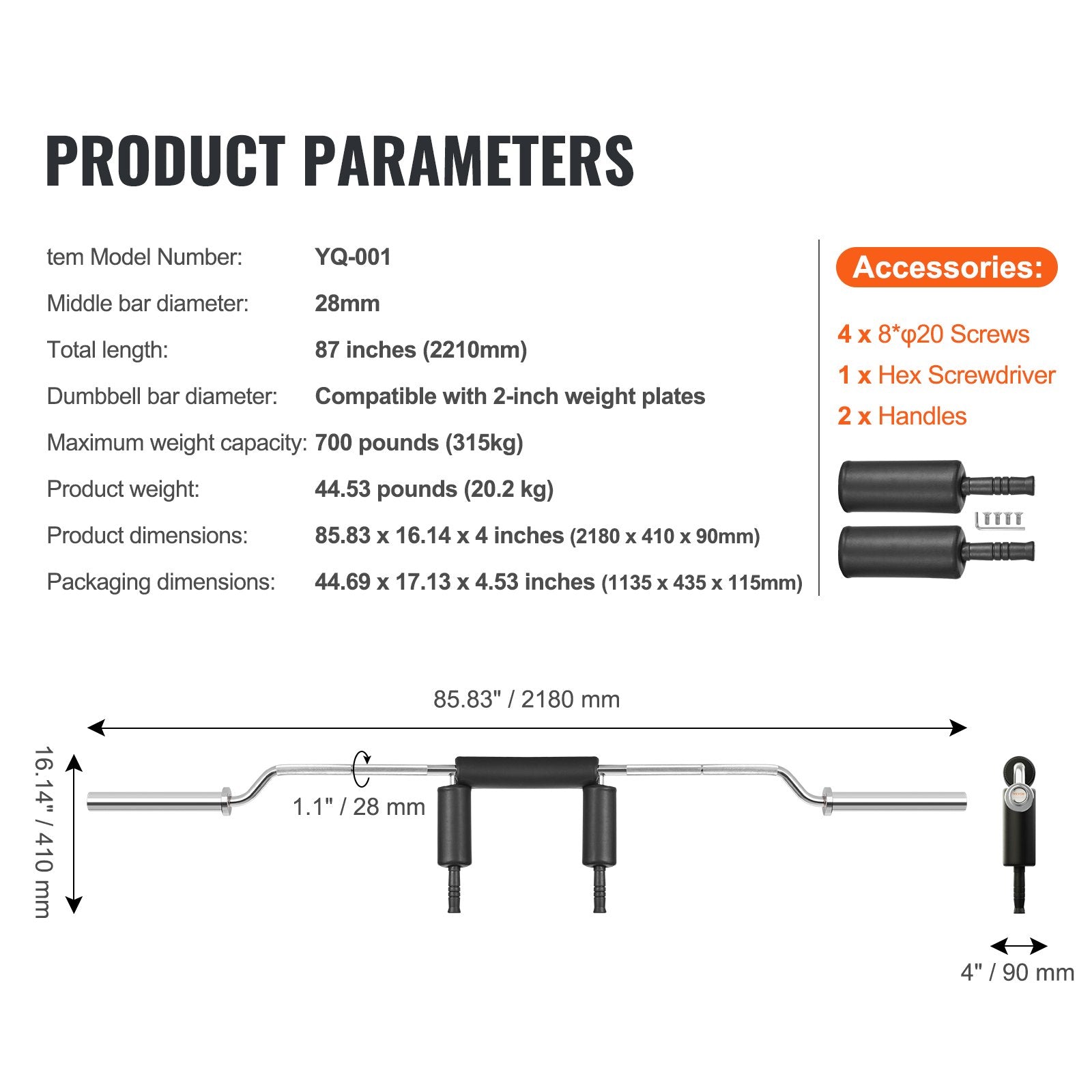 VEVOR Safety Squat Bar, 318kg Fitness Squat Bar, Safety Squat Bar Attachment with Shoulder and Arm Pads, 28mm Diameter Weight Bar, Ideal for Front Squats, Lunges, Rehab, Physical Therapy