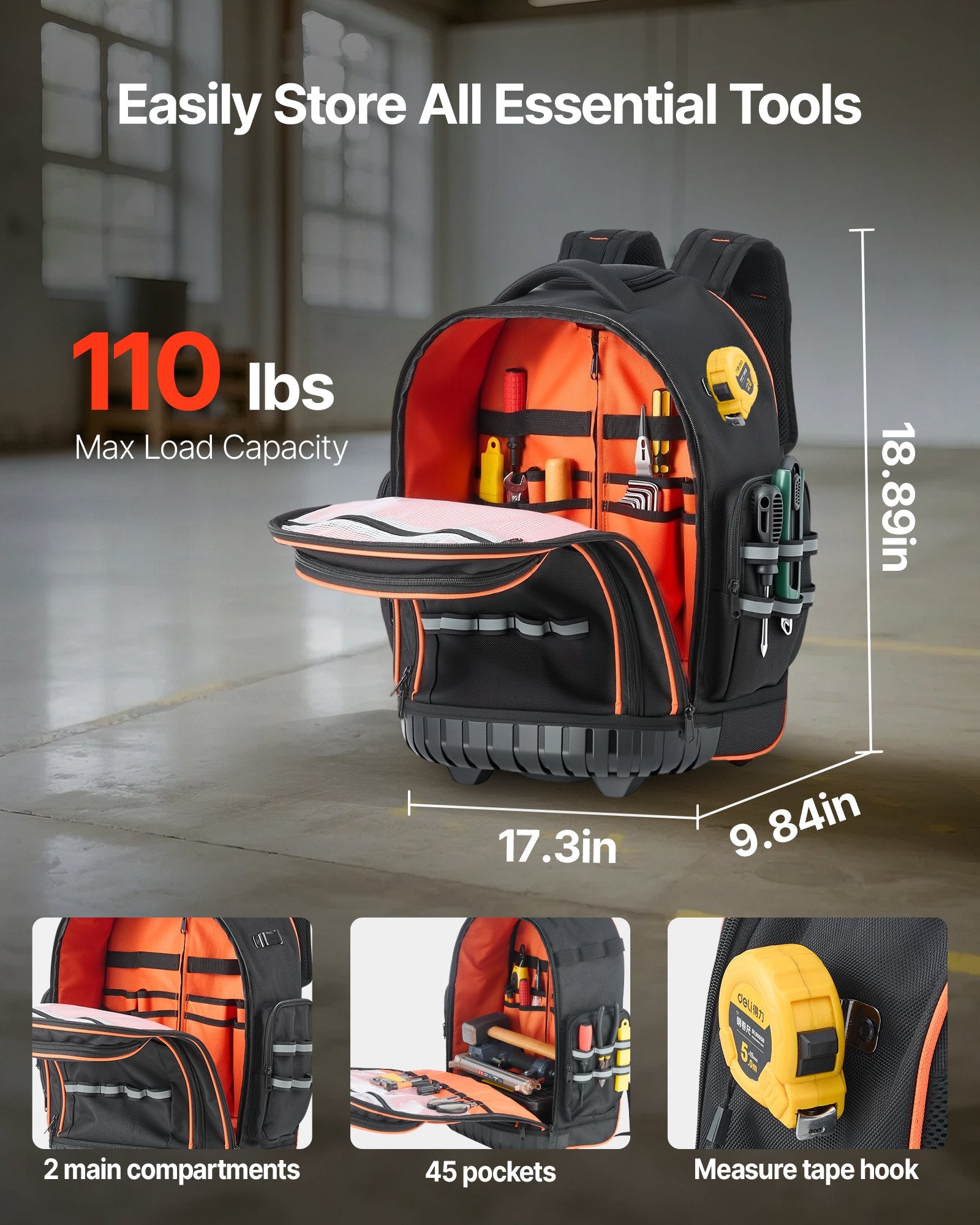 VEVOR Rolling Tool Backpack, 110 lbs Load Capacity, 45 Pockets Heavy Duty Roller Tool Bag on Wheels, Adjustable Telescoping Handle & Stable Base, Toolbag Organizers for Construction, Mechanic