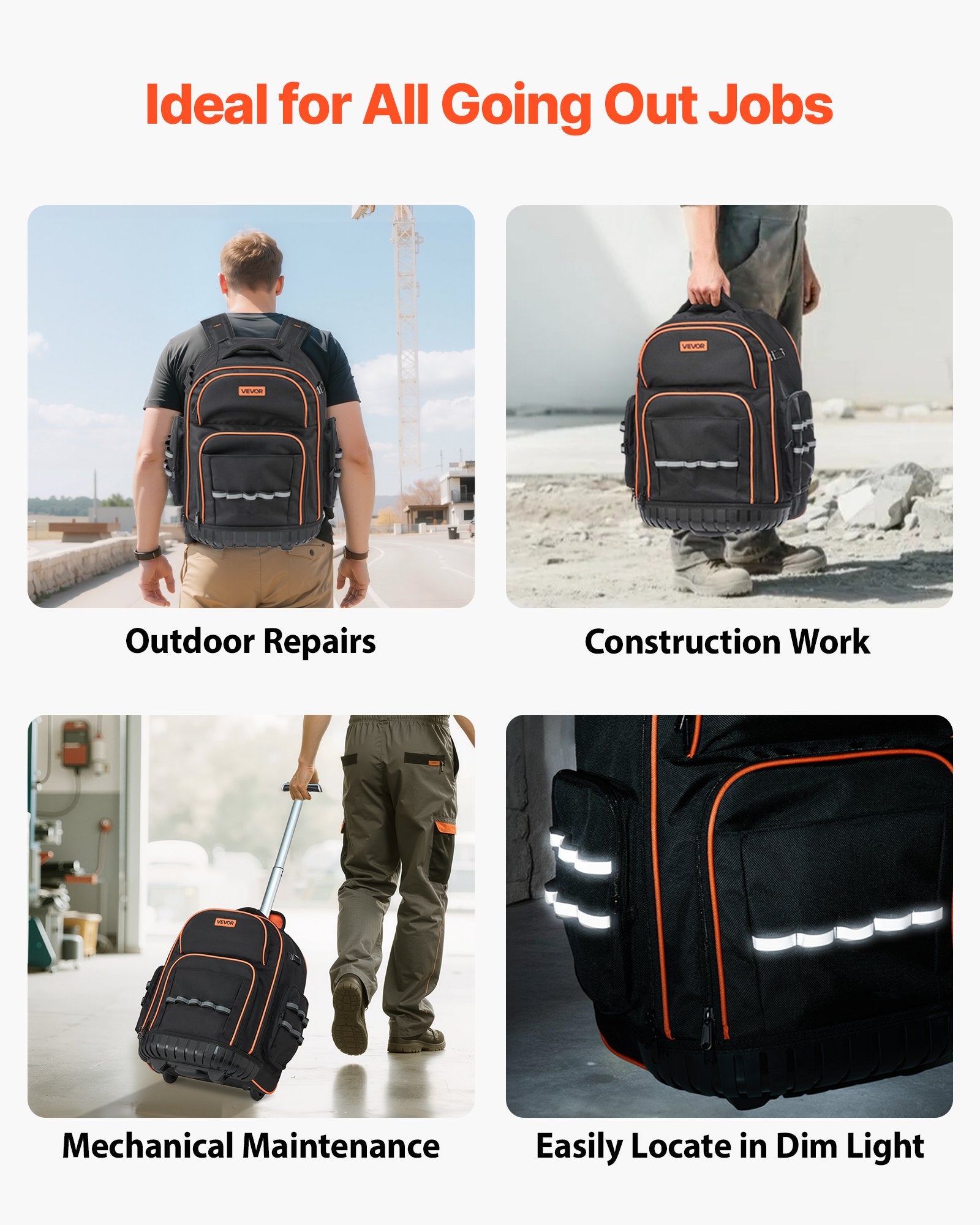 VEVOR Rolling Tool Backpack, 110 lbs Load Capacity, 45 Pockets Heavy Duty Roller Tool Bag on Wheels, Adjustable Telescoping Handle & Stable Base, Toolbag Organizers for Construction, Mechanic
