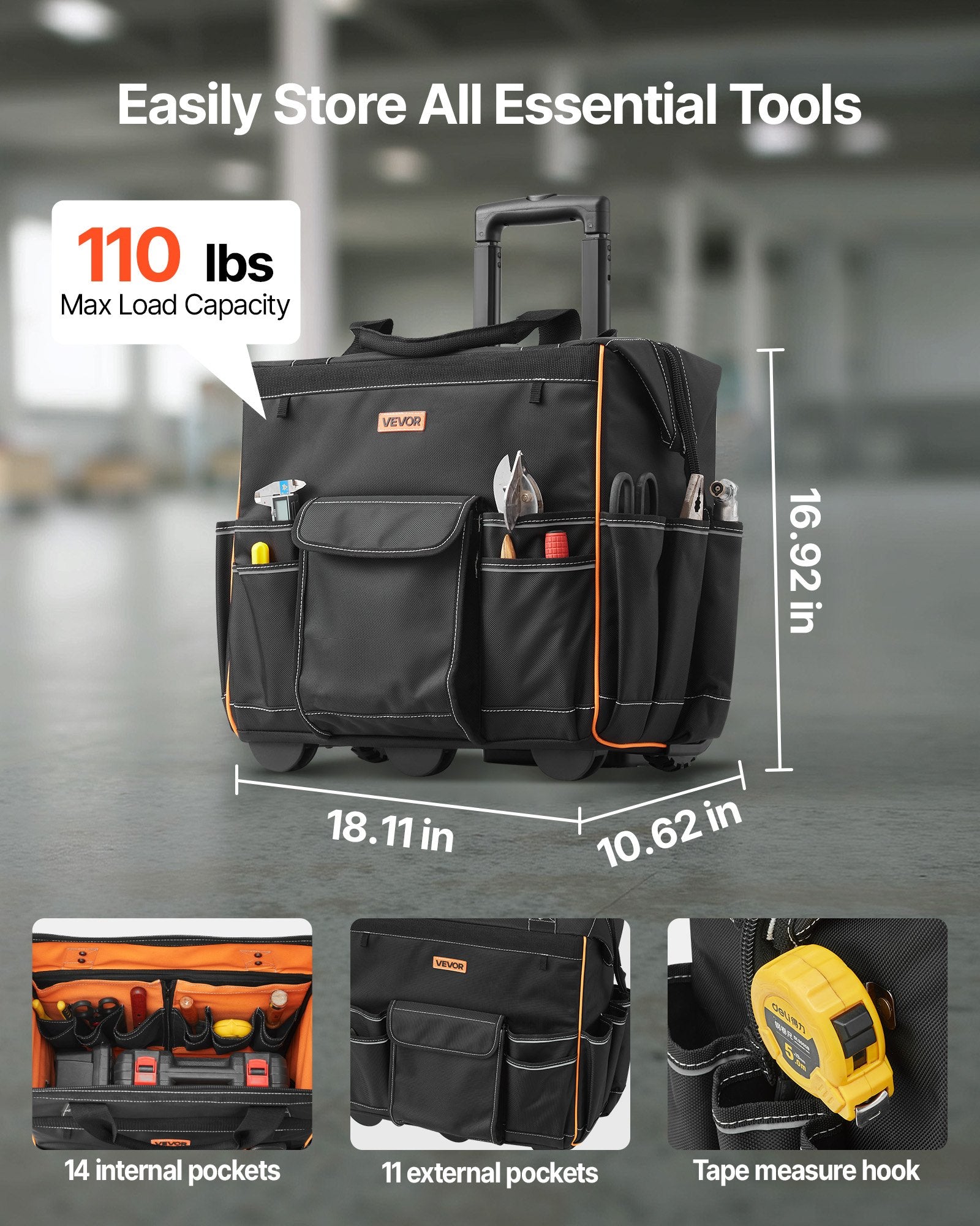 VEVOR Rolling Tool Bag, 110 lbs Load Capacity, 25 Pockets Heavy Duty Roller Tool Bag with Adjustable Telescoping Handle & Stable Base, Toolbag Organizers with Wheels for Electrician, Construction