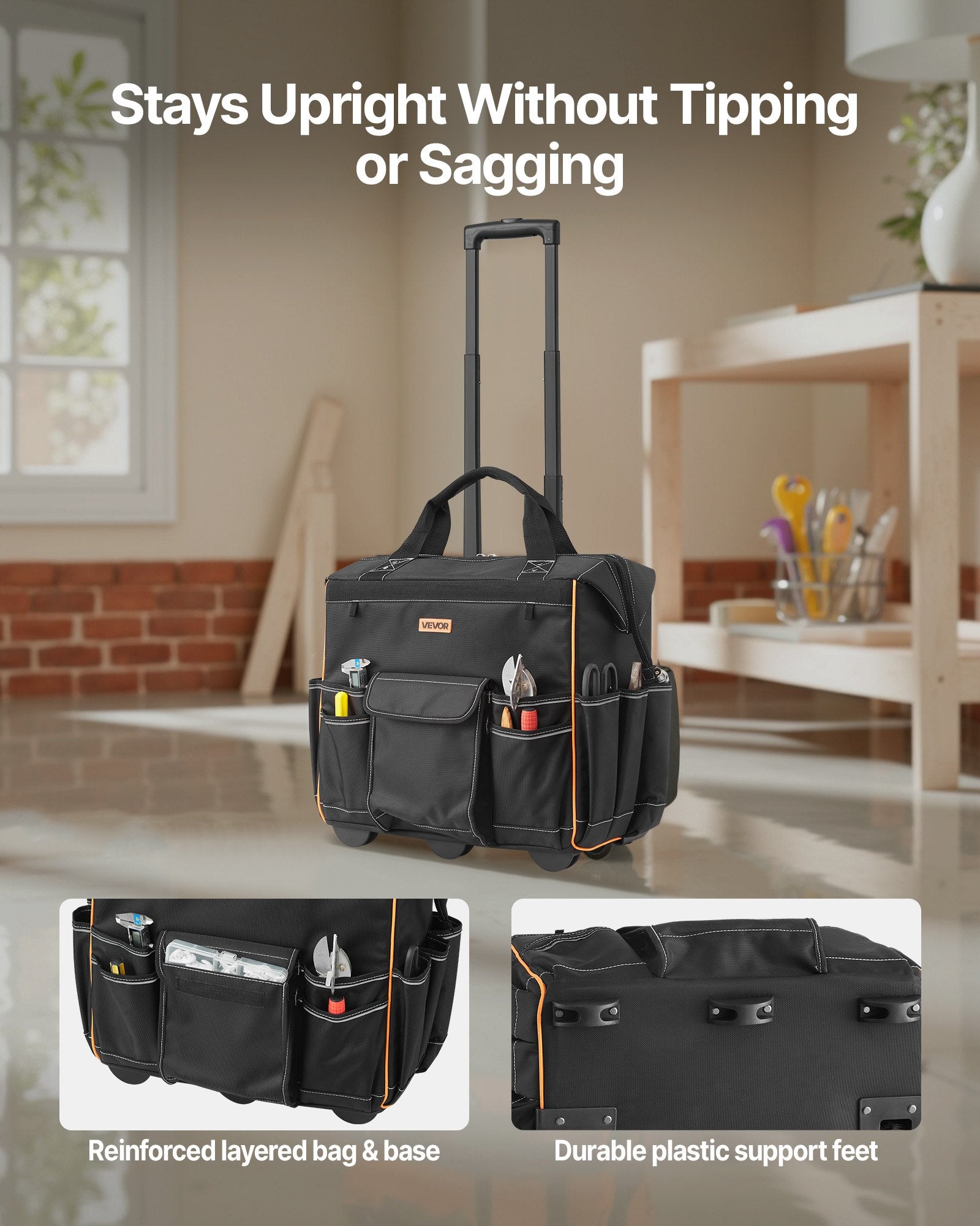 VEVOR Rolling Tool Bag, 110 lbs Load Capacity, 25 Pockets Heavy Duty Roller Tool Bag with Adjustable Telescoping Handle & Stable Base, Toolbag Organizers with Wheels for Electrician, Construction