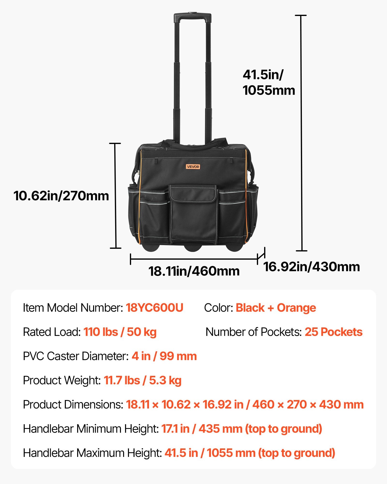 VEVOR Rolling Tool Bag, 110 lbs Load Capacity, 25 Pockets Heavy Duty Roller Tool Bag with Adjustable Telescoping Handle & Stable Base, Toolbag Organizers with Wheels for Electrician, Construction