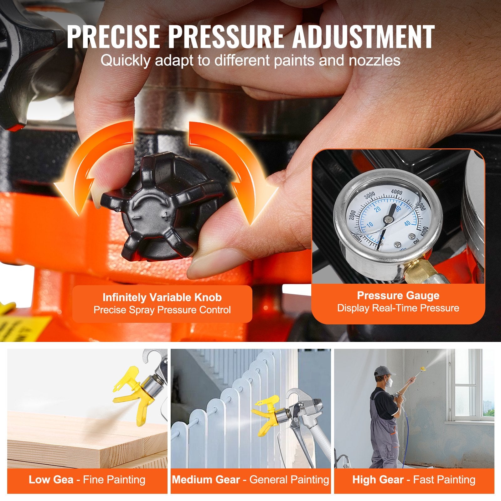 VEVOR Diaphragm Airless Paint Sprayer, 1100 W Efficiency Cart Airless Paint Sprayer, 2000 psi High Pressure Paint Airless Sprayer, with Extension Bar, for Home Interior and Exterior Spraying
