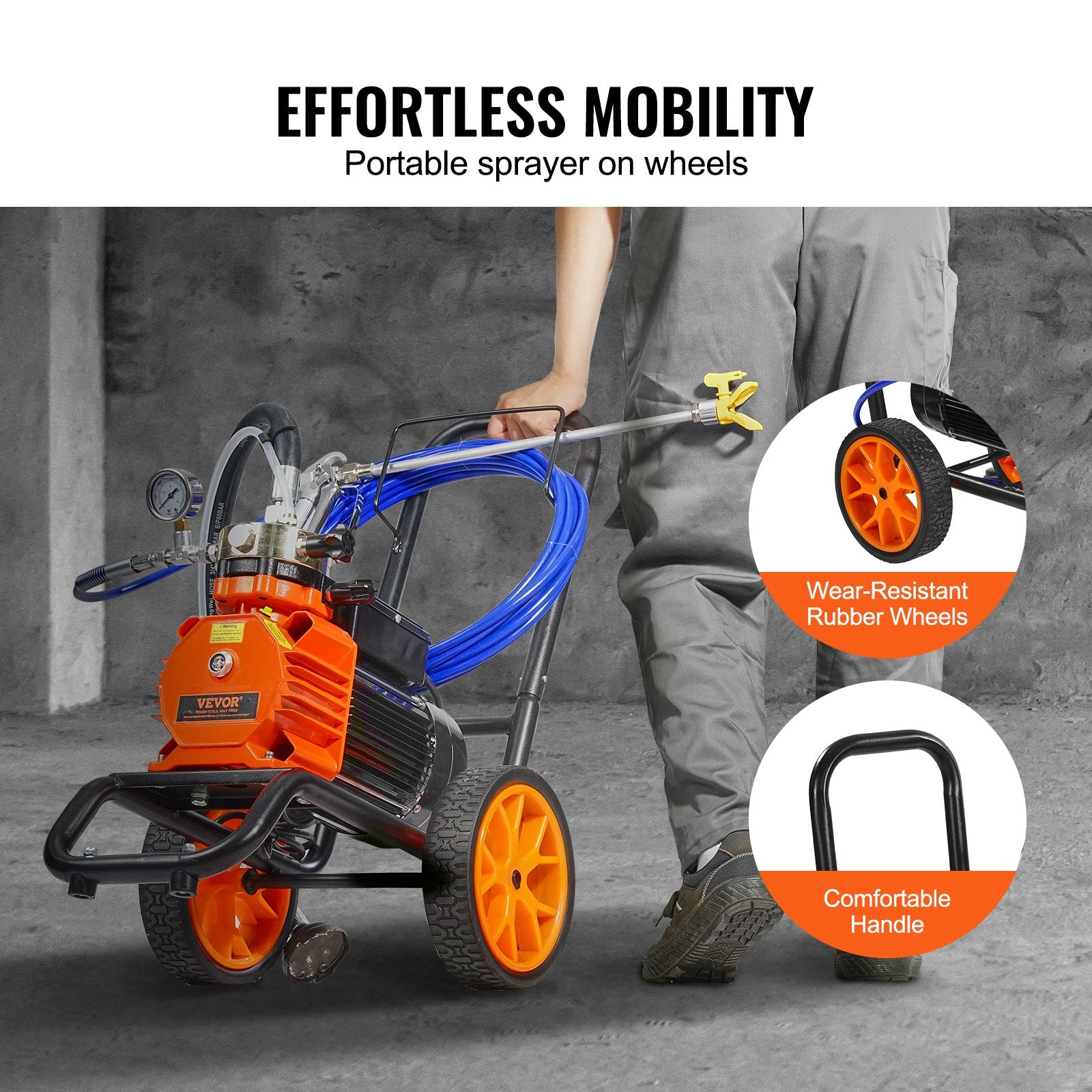 VEVOR Diaphragm Airless Paint Sprayer, 1100 W Efficiency Cart Airless Paint Sprayer, 2000 psi High Pressure Paint Airless Sprayer, with Extension Bar, for Home Interior and Exterior Spraying