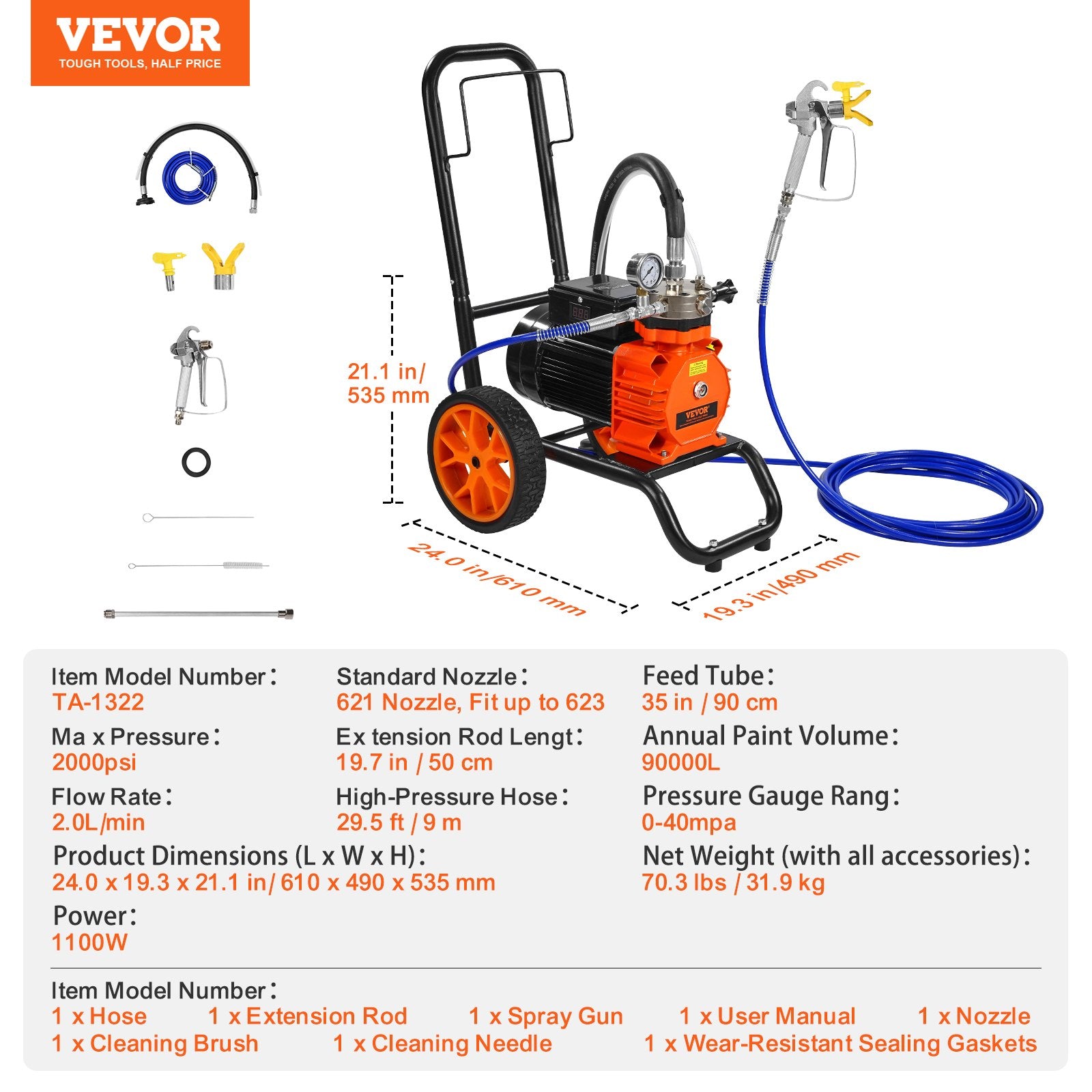 VEVOR Diaphragm Airless Paint Sprayer, 1100 W Efficiency Cart Airless Paint Sprayer, 2000 psi High Pressure Paint Airless Sprayer, with Extension Bar, for Home Interior and Exterior Spraying
