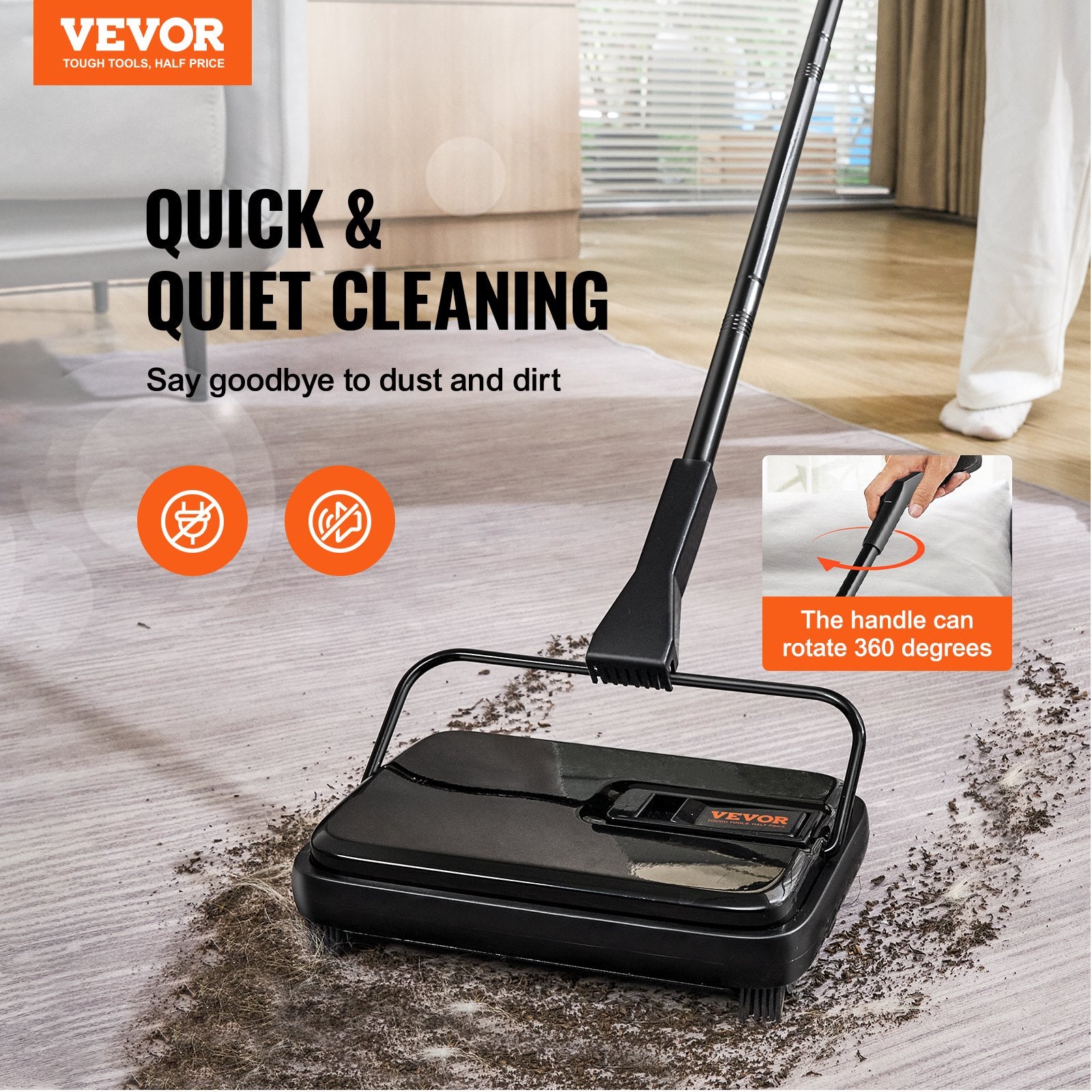 VEVOR Carpet Sweeper, 200 mm Sweeping Paths, Floor Sweeper Manual Non Electric, 300 ml Dustbin Capacity with Comb for Home Office Rugs Hardwood Surfaces Wood Floors Laminate, Cleans Dust Pet Hair