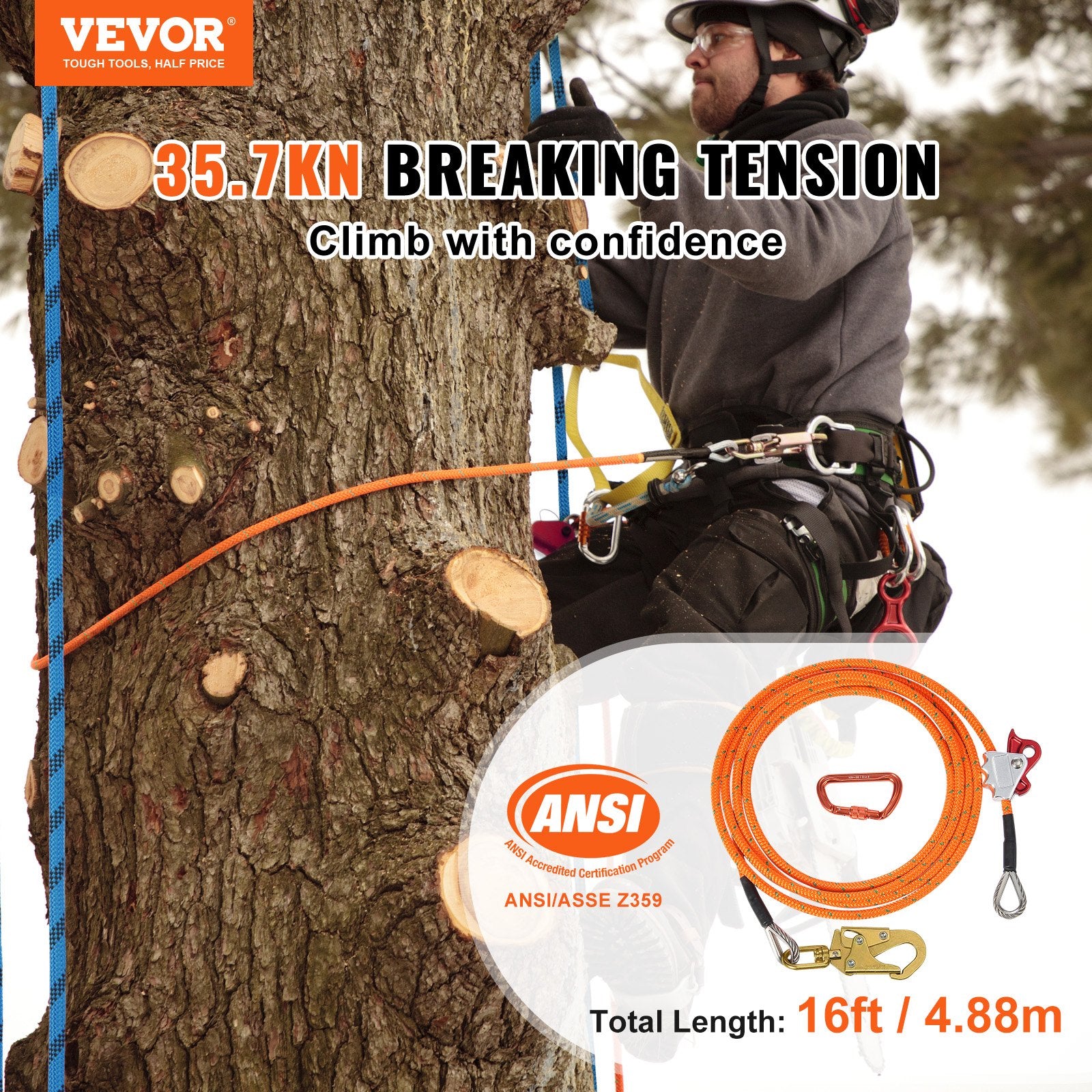 VEVOR 12.7mm Steel Core Flipline, 16ft 4.8m Arborist Flipline for Tree Climbing with Alloy Steel Snap Hook & Aluminum Alloy Carabiner, 30KN Breaking Tension for Fall Protection, Tree Climber