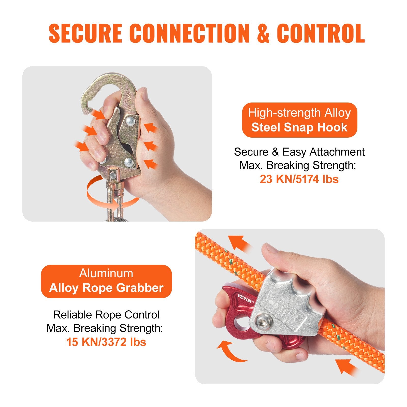 VEVOR 12.7mm Steel Core Flipline, 16ft 4.8m Arborist Flipline for Tree Climbing with Alloy Steel Snap Hook & Aluminum Alloy Carabiner, 30KN Breaking Tension for Fall Protection, Tree Climber