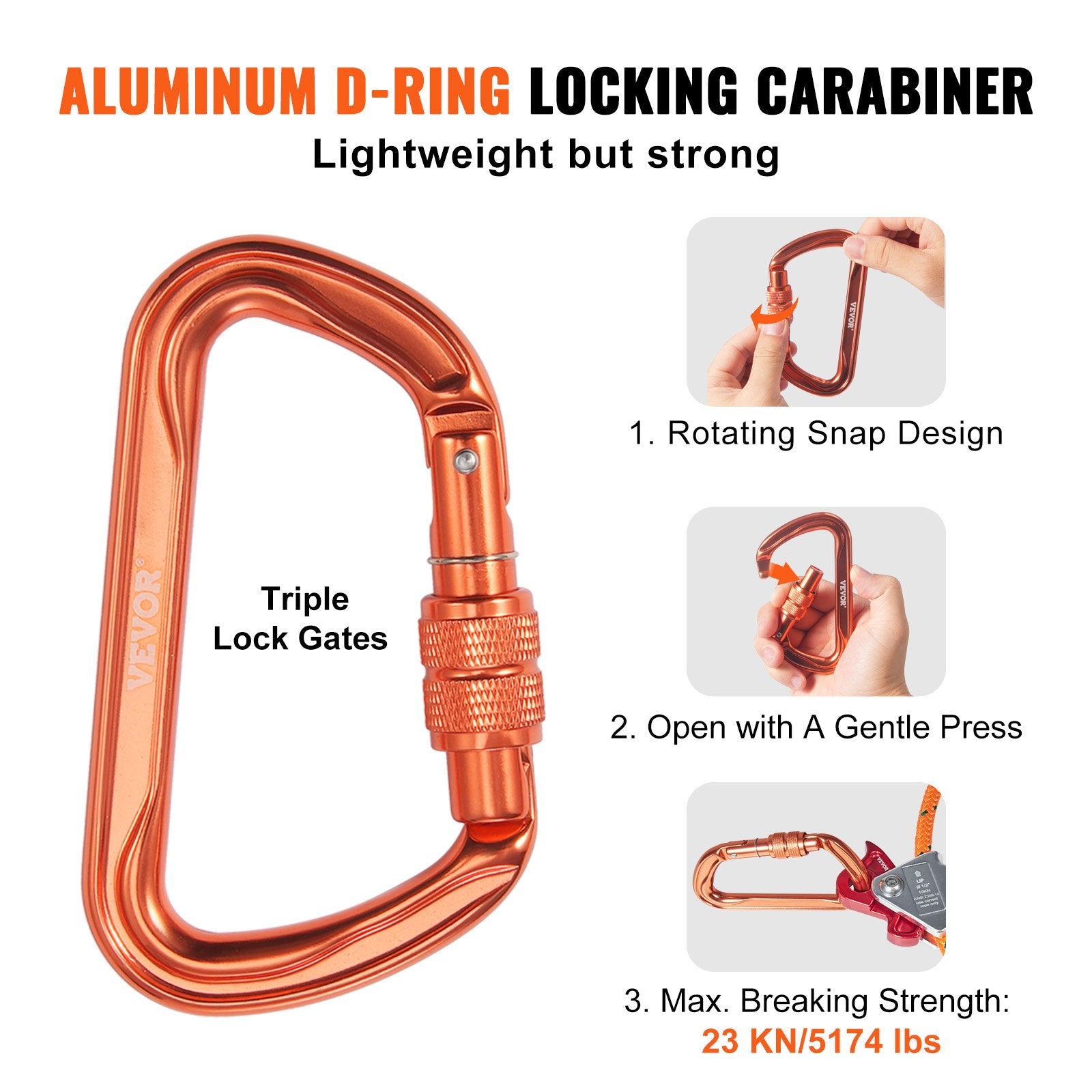 VEVOR 12.7mm Steel Core Flipline, 16ft 4.8m Arborist Flipline for Tree Climbing with Alloy Steel Snap Hook & Aluminum Alloy Carabiner, 30KN Breaking Tension for Fall Protection, Tree Climber