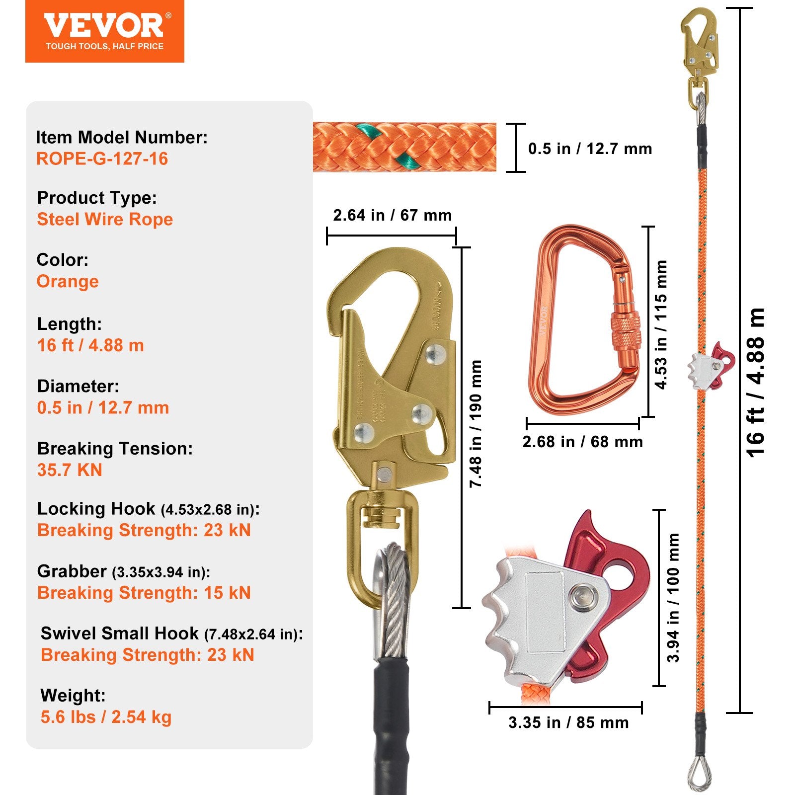 VEVOR 12.7mm Steel Core Flipline, 16ft 4.8m Arborist Flipline for Tree Climbing with Alloy Steel Snap Hook & Aluminum Alloy Carabiner, 30KN Breaking Tension for Fall Protection, Tree Climber