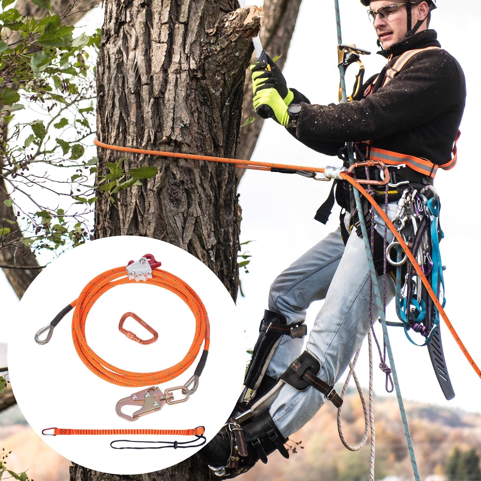 VEVOR 12.7mm Steel Core Flipline, 16ft 4.8m Arborist Flipline for Tree Climbing with Alloy Steel Snap Hook & Aluminum Alloy Carabiner, 30KN Breaking Tension for Fall Protection, Tree Climber