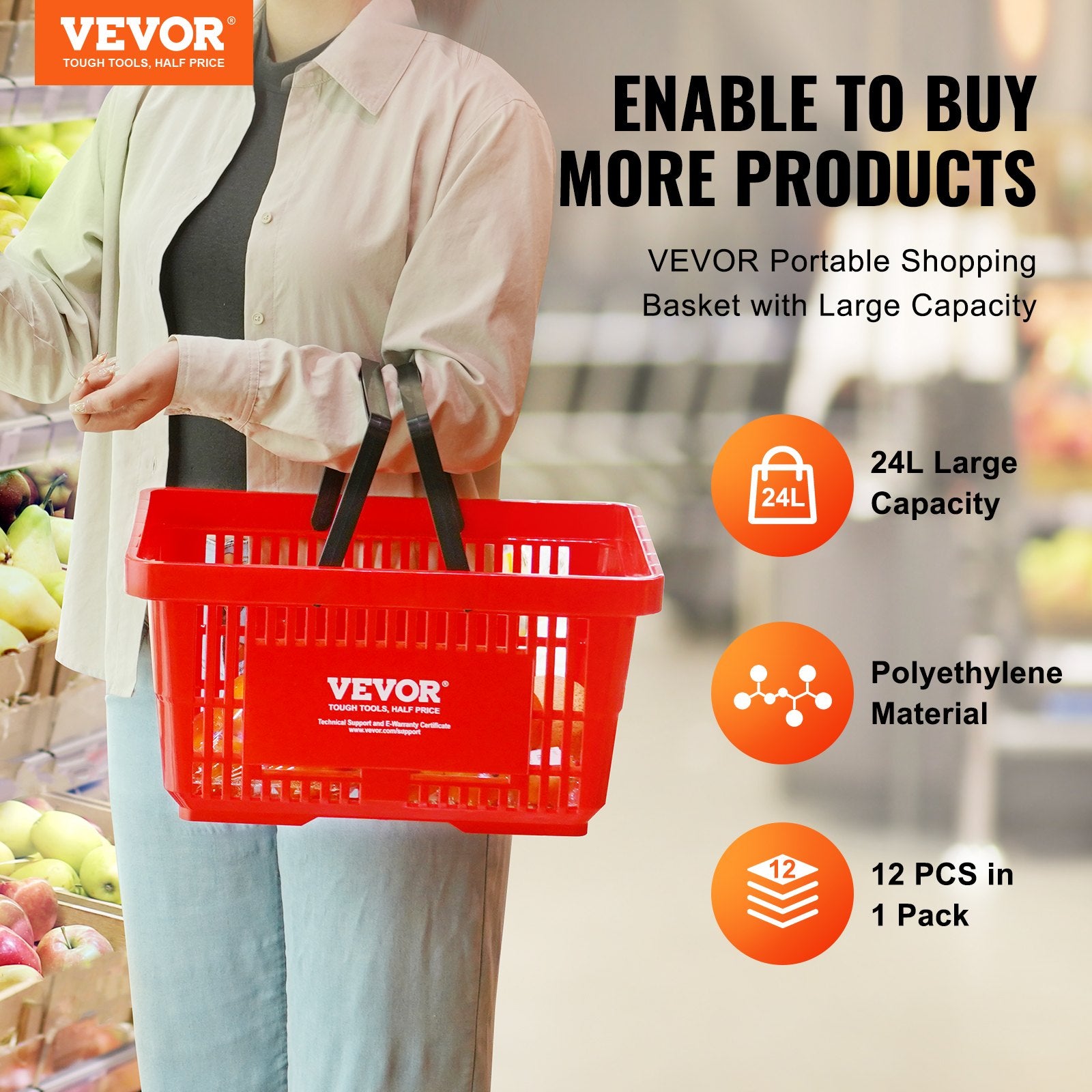 VEVOR Shopping Basket, Set of 12, 24L Durable Plastic Grocery Basket with Handle and Stand, 425 x 295 x 225 mm Portable Shop Basket Bulk Used for Retail Store, Supermarket, and Grocery Shopping, Red