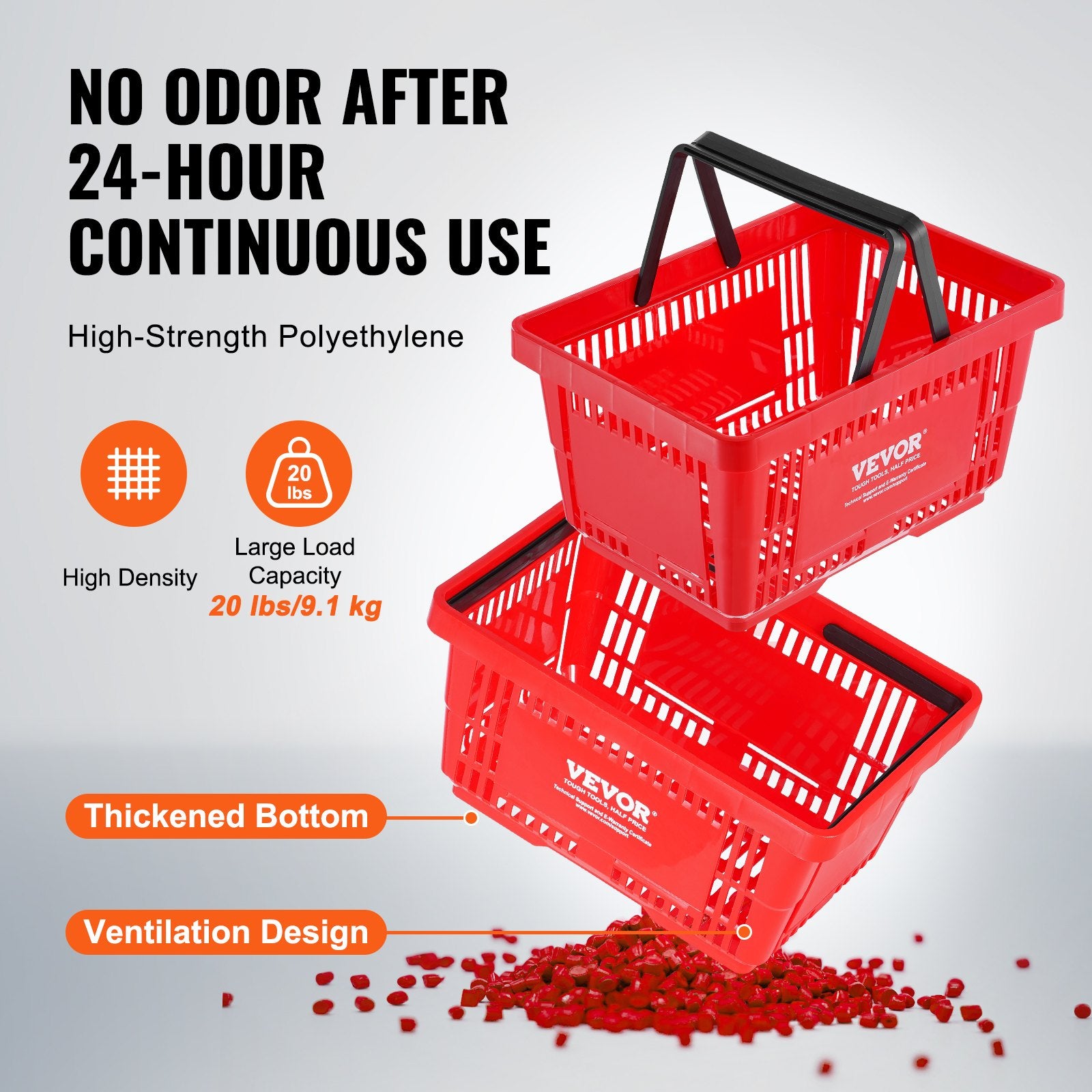 VEVOR Shopping Basket, Set of 12, 24L Durable Plastic Grocery Basket with Handle and Stand, 425 x 295 x 225 mm Portable Shop Basket Bulk Used for Retail Store, Supermarket, and Grocery Shopping, Red