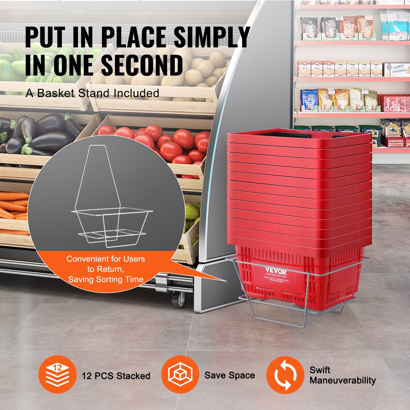 VEVOR Shopping Basket, Set of 12, 24L Durable Plastic Grocery Basket with Handle and Stand, 425 x 295 x 225 mm Portable Shop Basket Bulk Used for Retail Store, Supermarket, and Grocery Shopping, Red