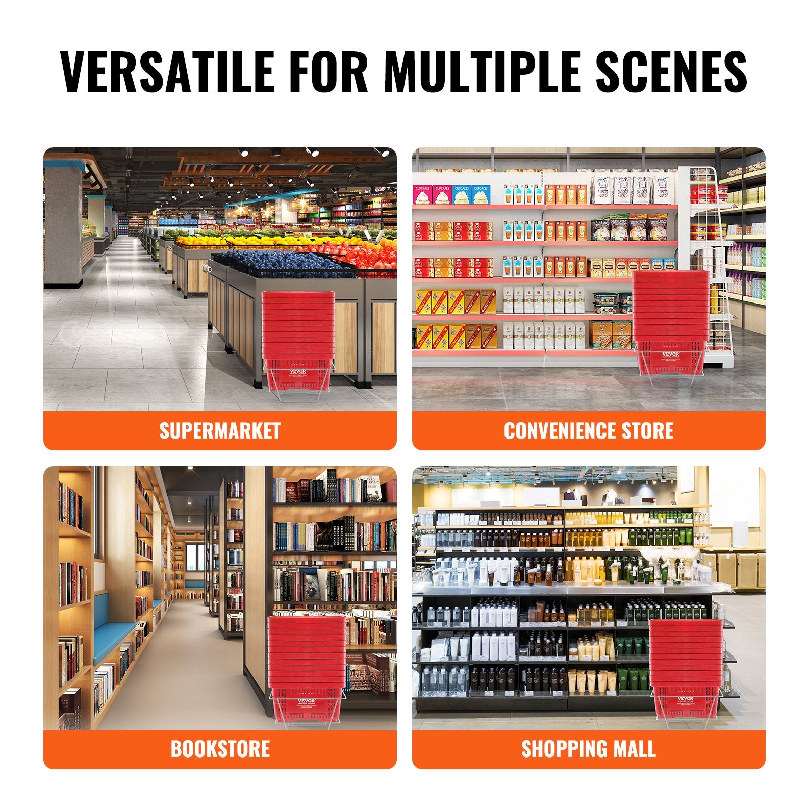 VEVOR Shopping Basket, Set of 12, 24L Durable Plastic Grocery Basket with Handle and Stand, 425 x 295 x 225 mm Portable Shop Basket Bulk Used for Retail Store, Supermarket, and Grocery Shopping, Red
