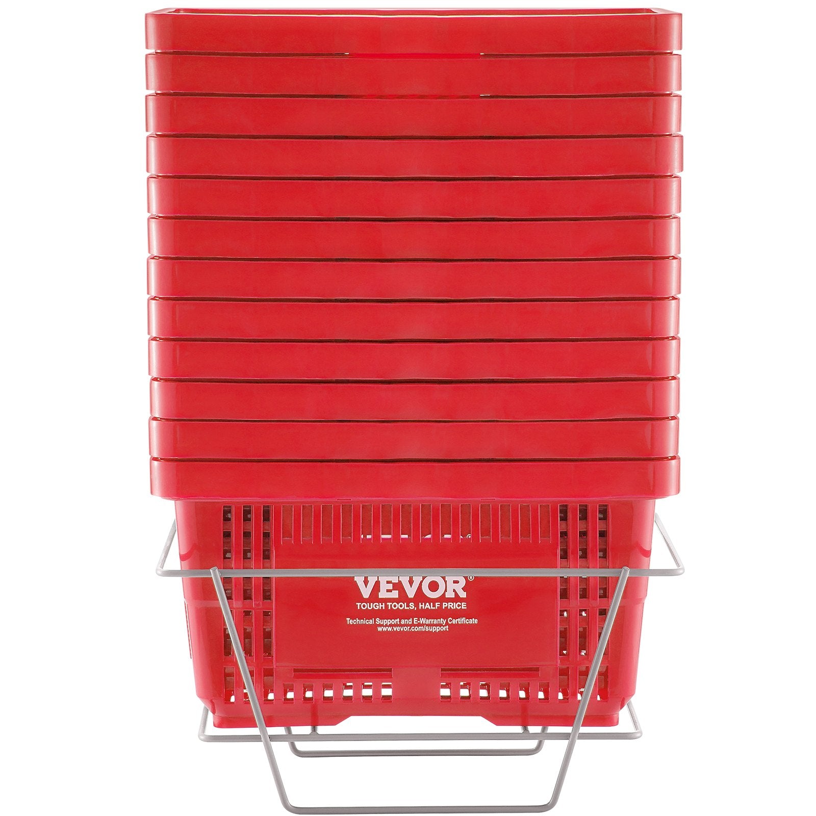 VEVOR Shopping Basket, Set of 12, 24L Durable Plastic Grocery Basket with Handle and Stand, 425 x 295 x 225 mm Portable Shop Basket Bulk Used for Retail Store, Supermarket, and Grocery Shopping, Red