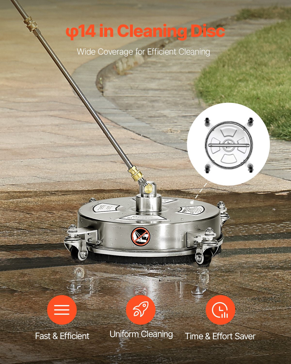 VEVOR 14" Pressure Washer Surface Cleaner, Stainless Steel Pressure Washer Attachments with 4 Wheels, 4000 Max PSI, 1/4 Quick Connector, 2 Spray Nozzles, 2 Extended Wands for Concrete, Patio, Deck