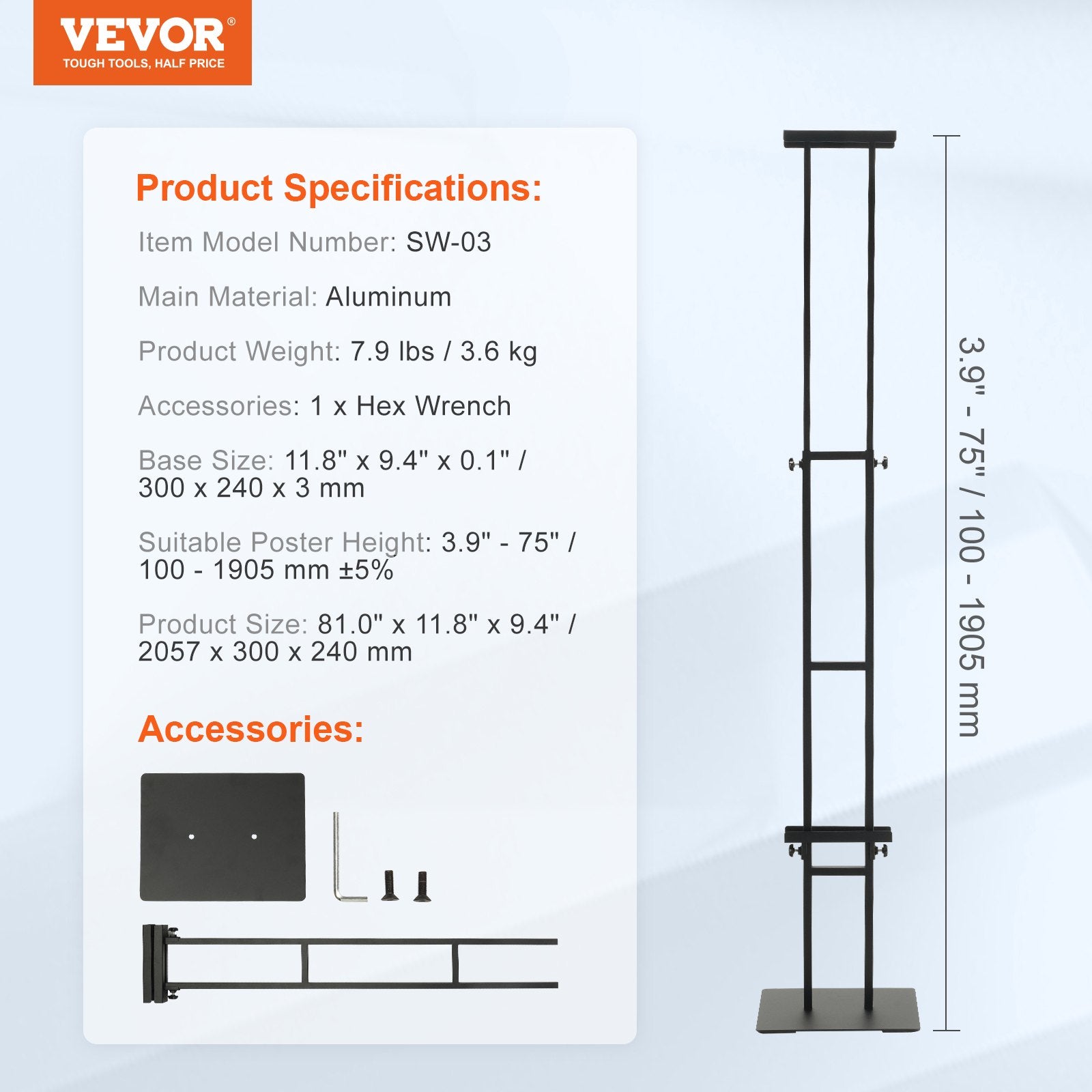 VEVOR Poster Stand, Adjustable Height Up to 75", Double-Sided Heavy Duty Pedestal Sign Holder, Floor Standing Sign Holder Banner Stand with Shock-absorbing Base for Display, for Board and Foam, Black