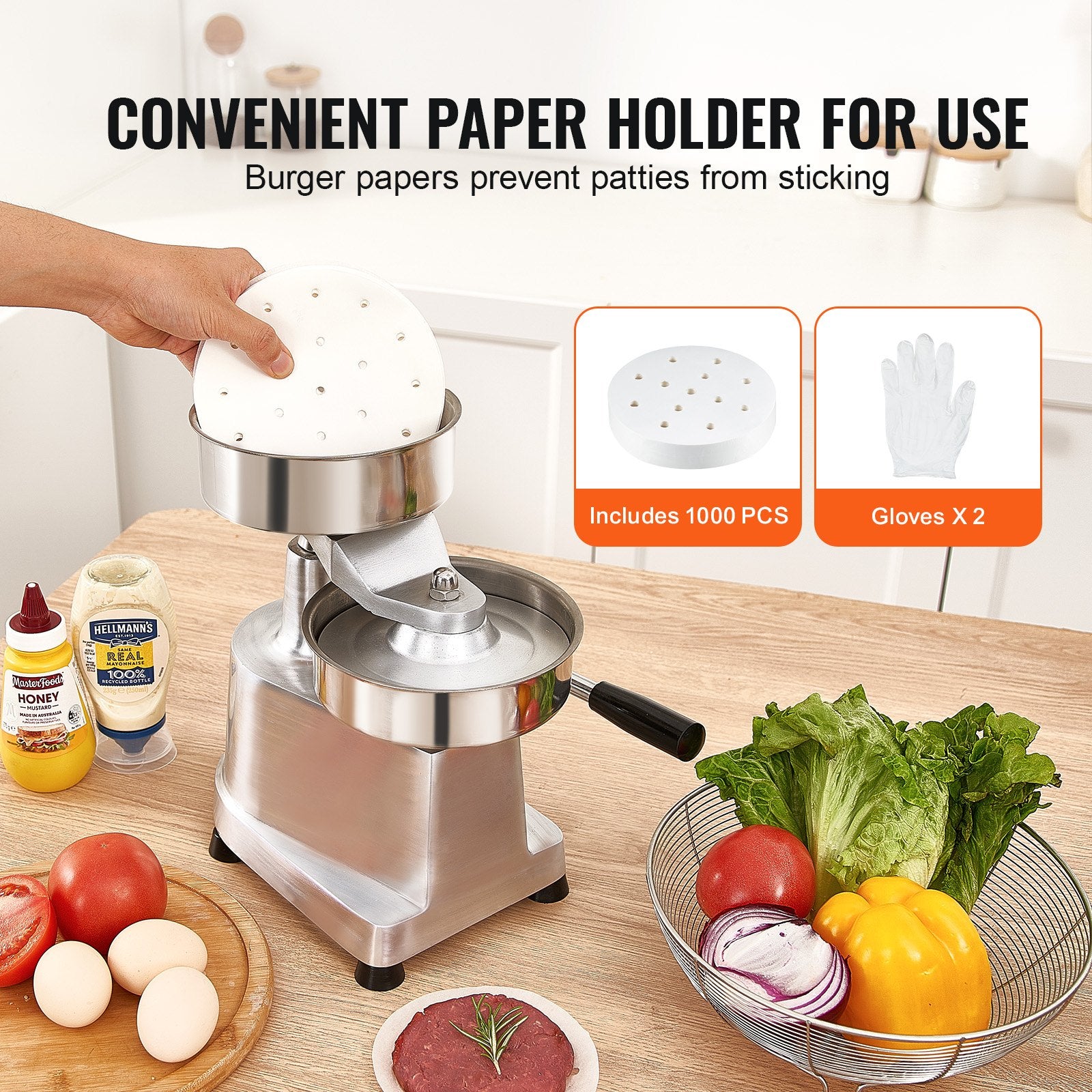 VEVOR Commercial Burger Patty Maker, 150mm Hamburger Beef Patty Maker, Heavy Duty Food-Grade Stainless Steel Bowl Burger Press Machine, Kitchen Meat Forming Processor with 1000 Pcs Patty Papers