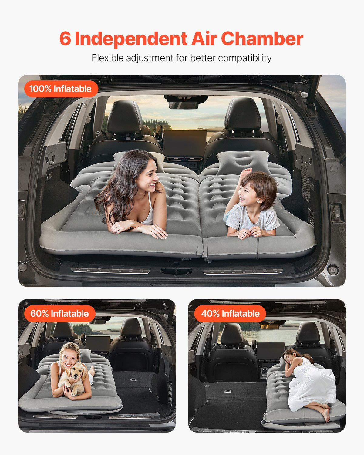 VEVOR Car Air Mattress, Inflatable Car Camping Mattress, Flocking Thickened Travel Beds, Comfortable and Durable Portable Sleeping Pad with Air Pump, Nozzle, Carry Bag, Fits Most SUV MPV Sedan, Gray