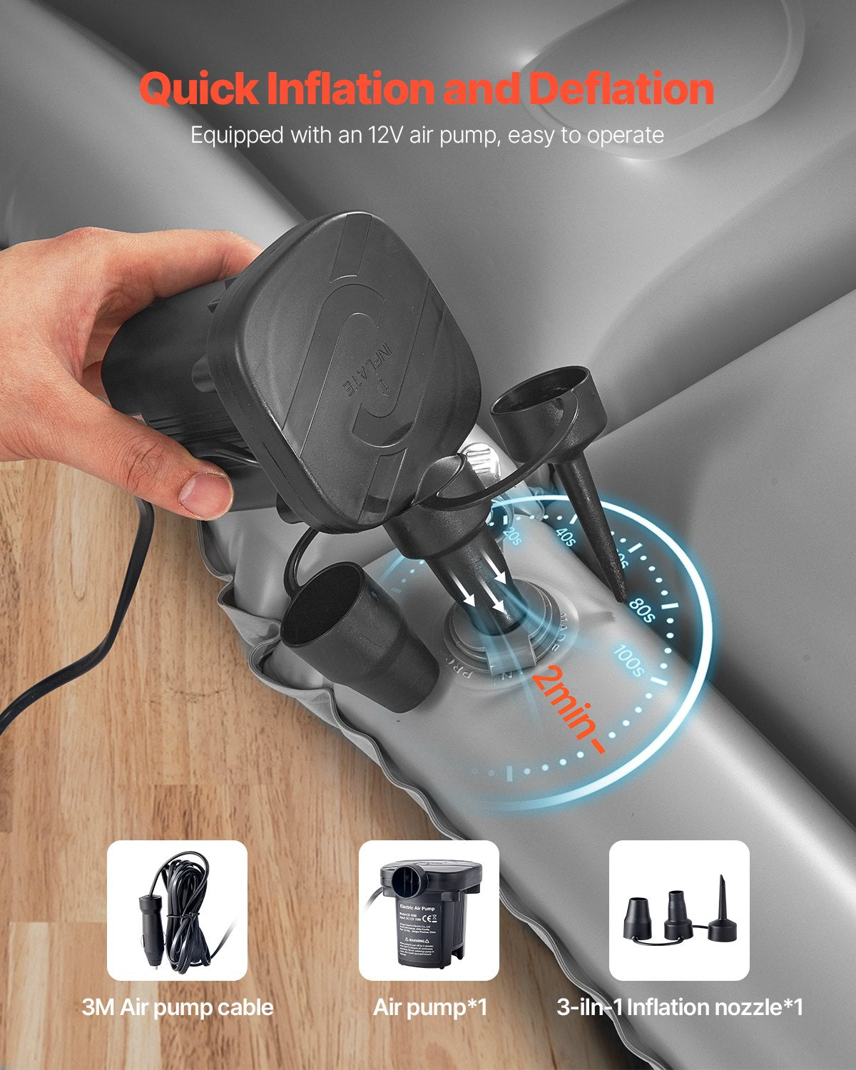 VEVOR Car Air Mattress, Inflatable Car Camping Mattress, Flocking Thickened Travel Beds, Comfortable and Durable Portable Sleeping Pad with Air Pump, Nozzle, Carry Bag, Fits Most SUV MPV Sedan, Gray