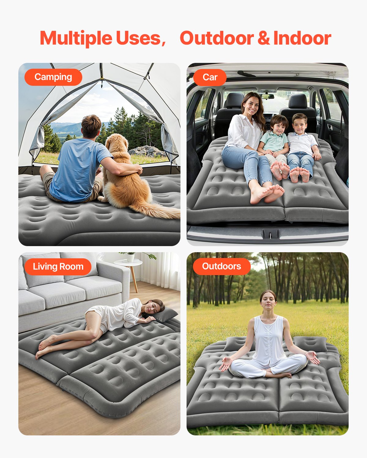 VEVOR Car Air Mattress, Inflatable Car Camping Mattress, Flocking Thickened Travel Beds, Comfortable and Durable Portable Sleeping Pad with Air Pump, Nozzle, Carry Bag, Fits Most SUV MPV Sedan, Gray