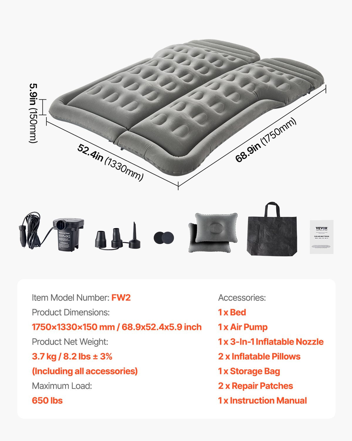 VEVOR Car Air Mattress, Inflatable Car Camping Mattress, Flocking Thickened Travel Beds, Comfortable and Durable Portable Sleeping Pad with Air Pump, Nozzle, Carry Bag, Fits Most SUV MPV Sedan, Gray