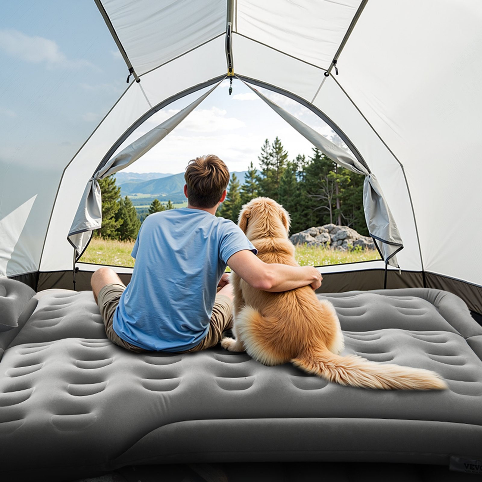 VEVOR Car Air Mattress, Inflatable Car Camping Mattress, Flocking Thickened Travel Beds, Comfortable and Durable Portable Sleeping Pad with Air Pump, Nozzle, Carry Bag, Fits Most SUV MPV Sedan, Gray