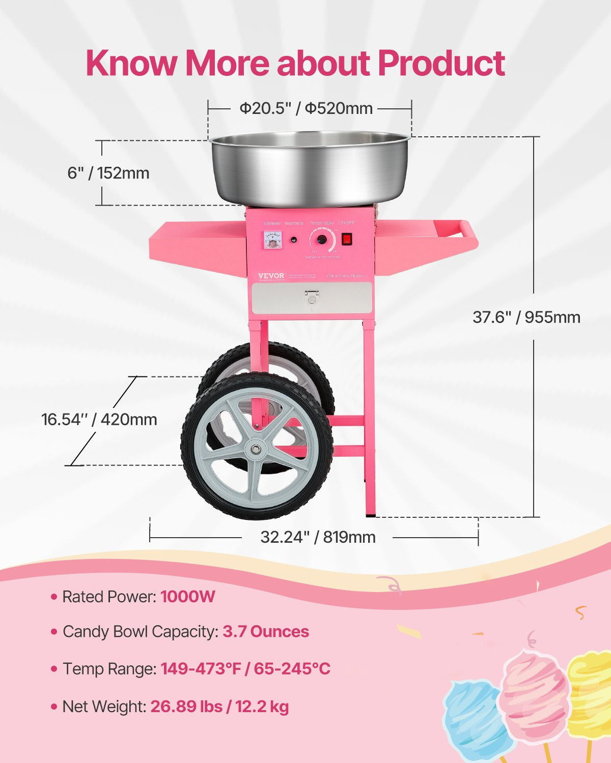 VEVOR Electric Cotton Candy Machine with Cart, 1000W Commercial Candy Floss Maker with 52cm in Stainless Steel Bowl, Sugar Scoop, and Drawer, Easy to Use, for Home, Kids Birthday, Family Party, Pink