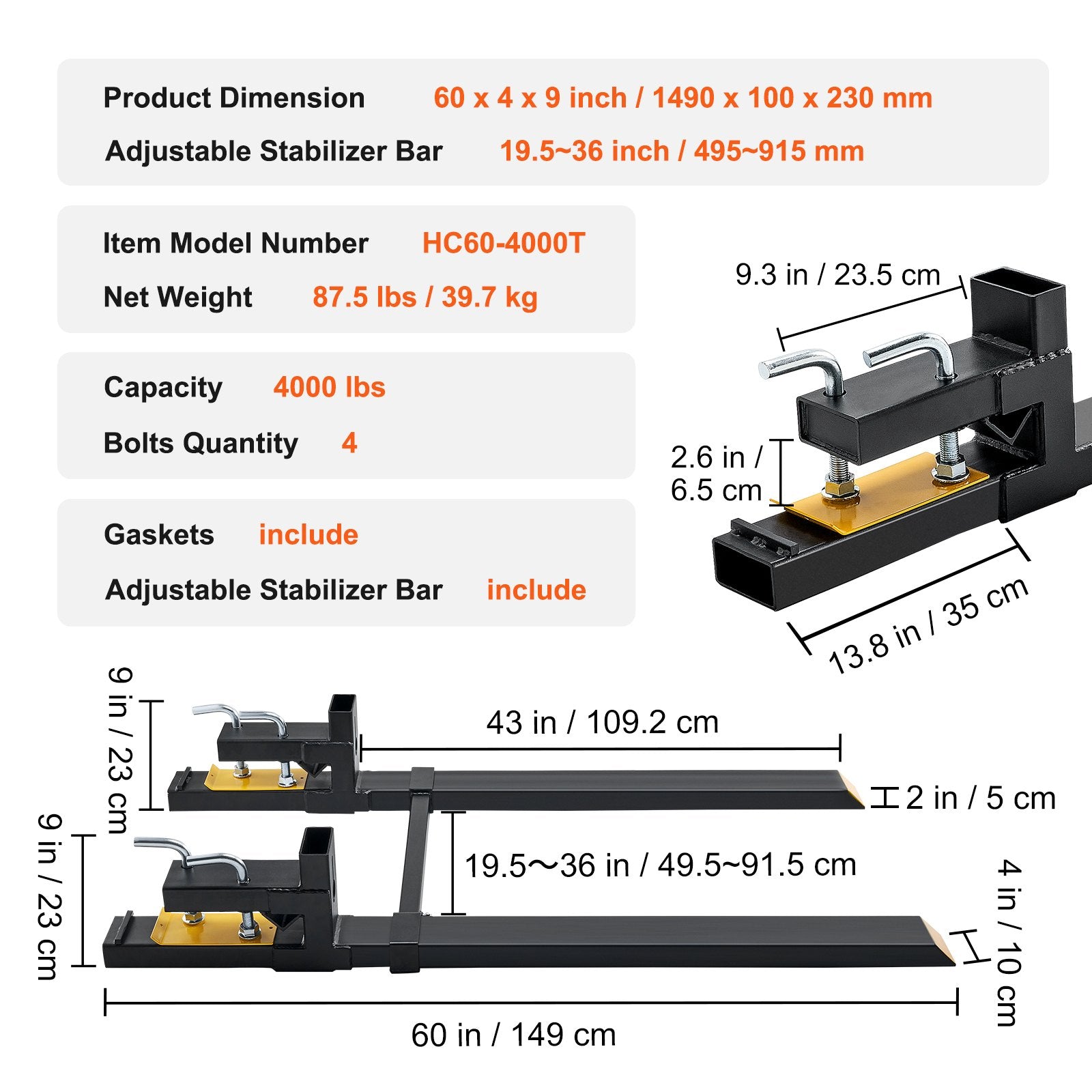 VEVOR Pallet Forks, 907 kg Clamp on Pallet Forks, 1490 mm Total Length Heavy Duty Pallet Forks with Adjustable Stabilizer bar, Tractor Bucket Forks for Tractor Attachments, Skid Steer, Loader Bucket