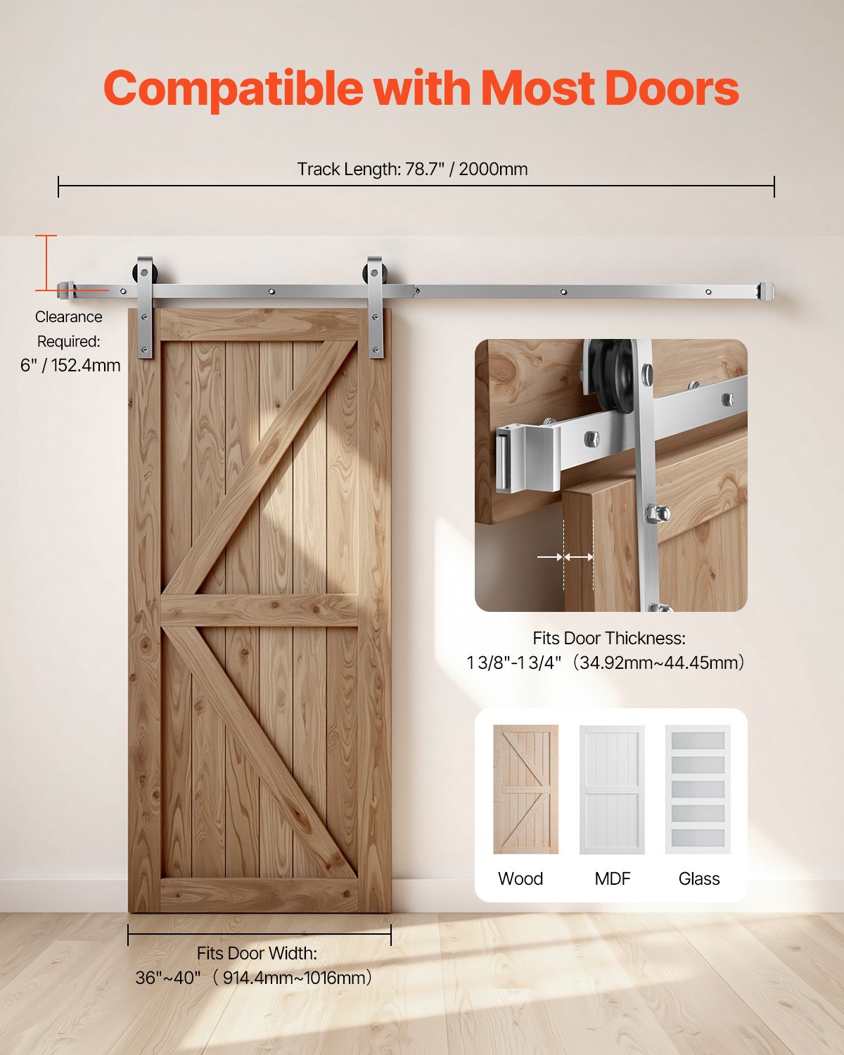 VEVOR 2000 mm Sliding Barn Door Hardware Kit for Single Sliding Barn Door Silver