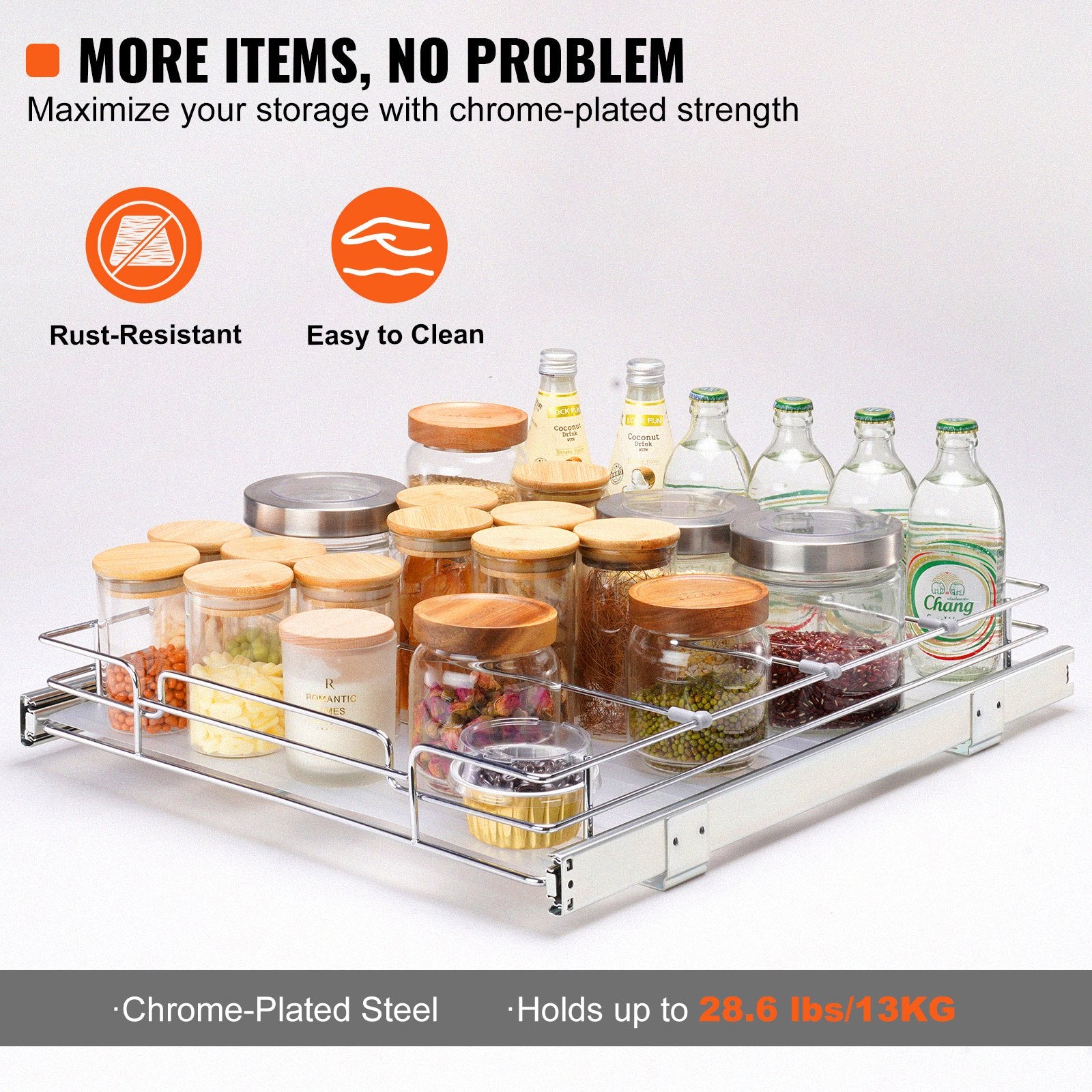 VEVOR 18.5"Wx21"Dx3.5"H Pull Out Cabinet Organizer, Heavy Duty Slide Out Pantry Shelves, Steel Roll Out Drawers, Sliding Drawer Storage for Home Under Sink, 20"Wx22"Dx7"H Install Size for Cabinet