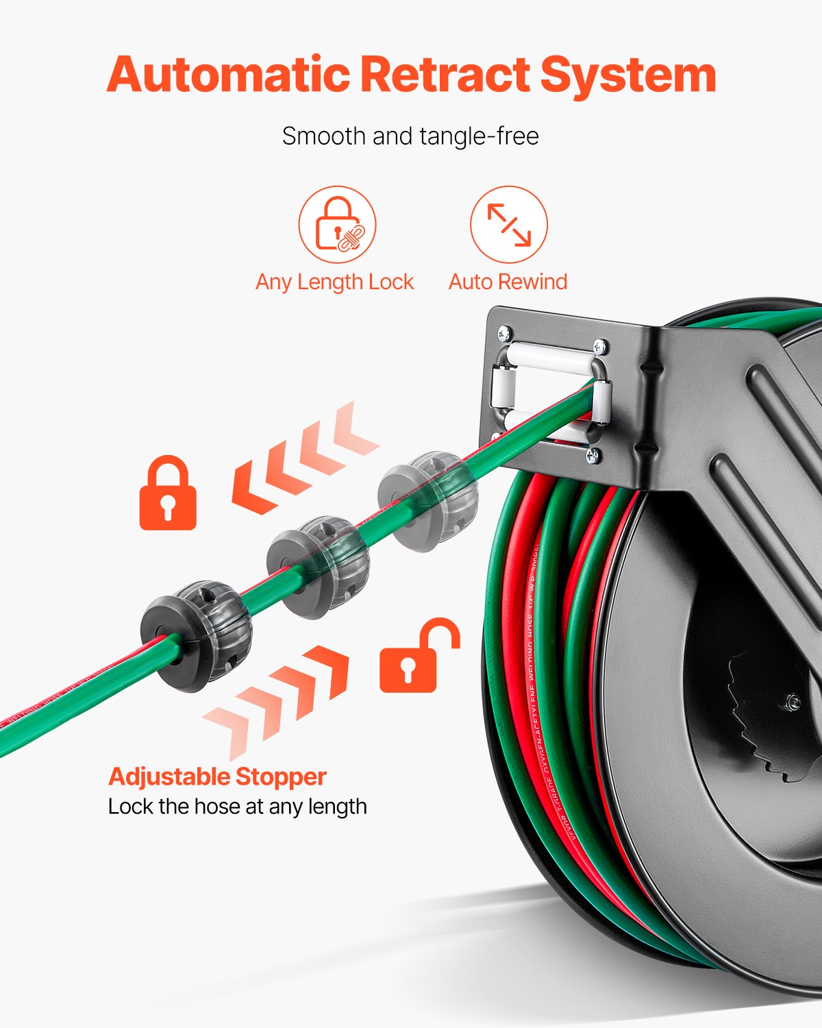 VEVOR Retractable Welding Hose Reel, 1/4-Inch x 50FT Twin Oxygen Acetylene Rubber Hose Max 300PSI - T Grade, Ceiling/Wall Mount Heavy Duty Steel Hose Reel Auto-Rewind, Ideal for Workshops Garages