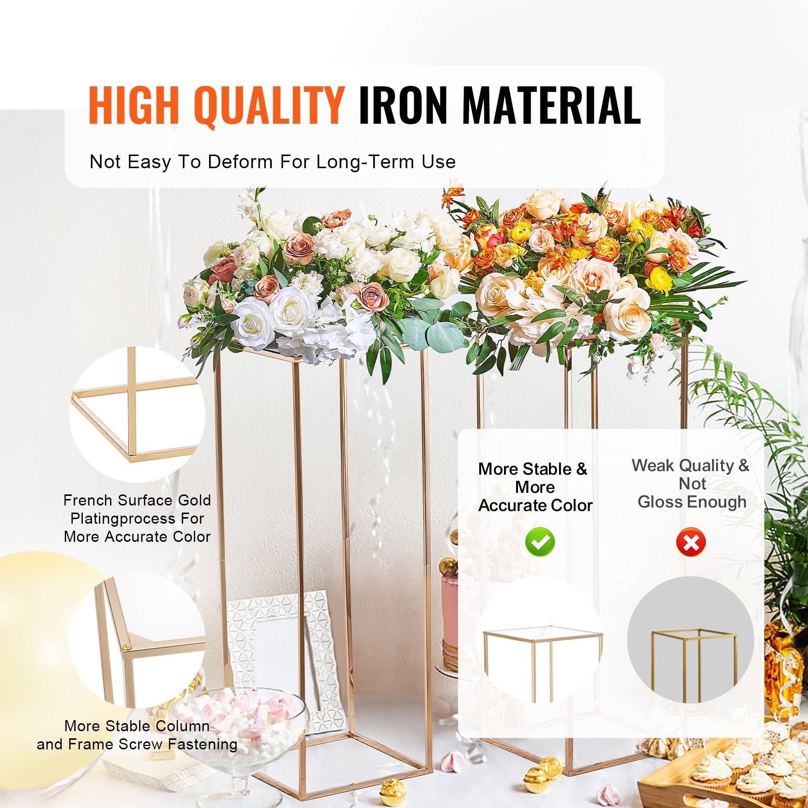 VEVOR 2PCS 31.5inch/80cm High Wedding Flower Stand, With Acrylic Laminate,Metal Vase Column Geometric Centerpiece Stands, Gold Rectangular Floral Display Rack for Events Reception, Party Decoration
