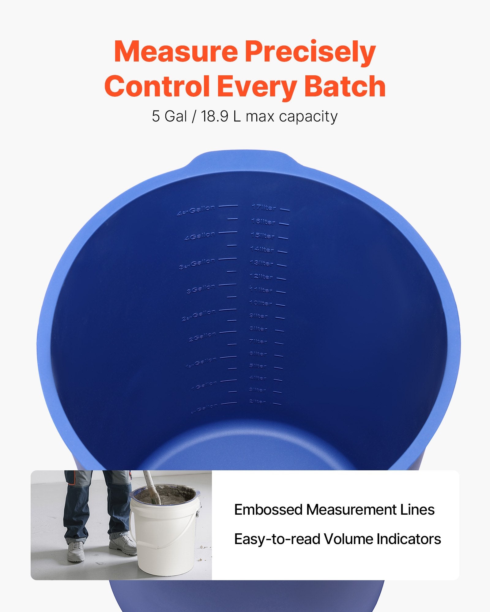 VEVOR 18.9L Bucket Liner for Concrete Mix, Reusable Silicone Mortar Bucket Liner for Thinset Paint Concrete Epoxy Mixing, Heavy-duty Grout Mixer Insert Tool with Graduated Measurements, Blue