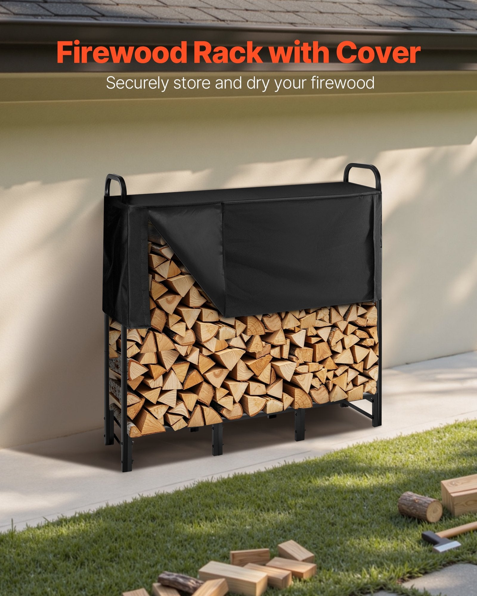 VEVOR Firewood Rack with Waterproof Cover, 1.22m Outdoor Firewood Holder, 1/4 Cord Storage Metal Log Holder, 400lb Max Weight Capacity, Top Covered, Powder-Coated Wood Storage Rack for Fireplace Deck