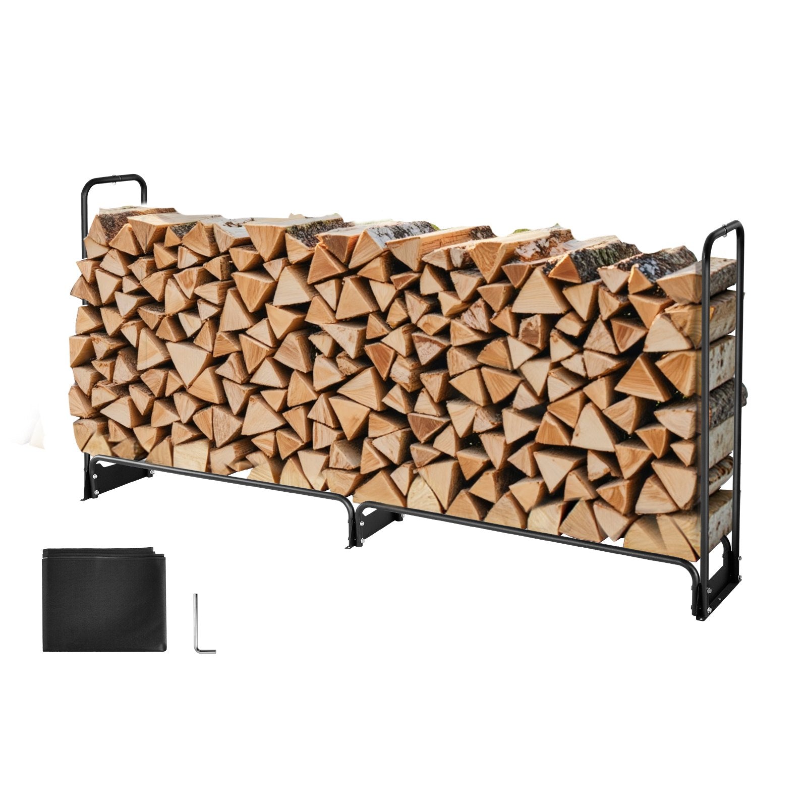VEVOR Firewood Rack with Waterproof Cover, 2.57m Outdoor Firewood Holder, 1/2 Cord Storage Metal Log Holder, 299kg Max Weight Capacity, Top Covered, Powder-Coated Wood Storage Rack for Fireplace Deck